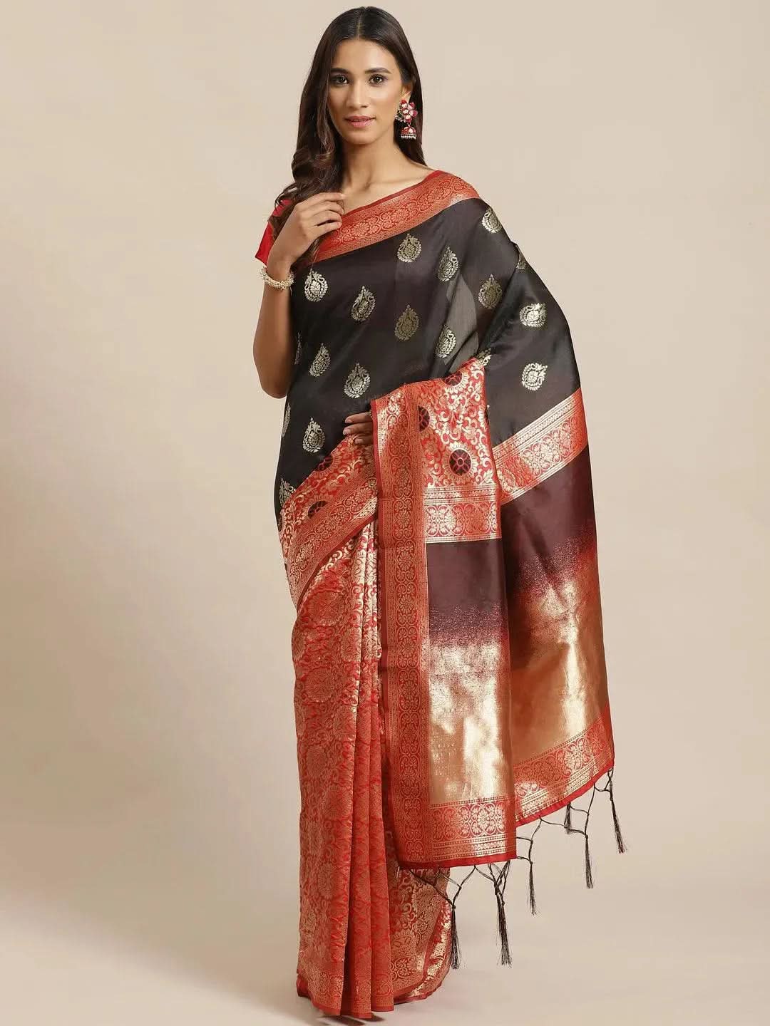 Black Woven Design Silk Saree - Libas