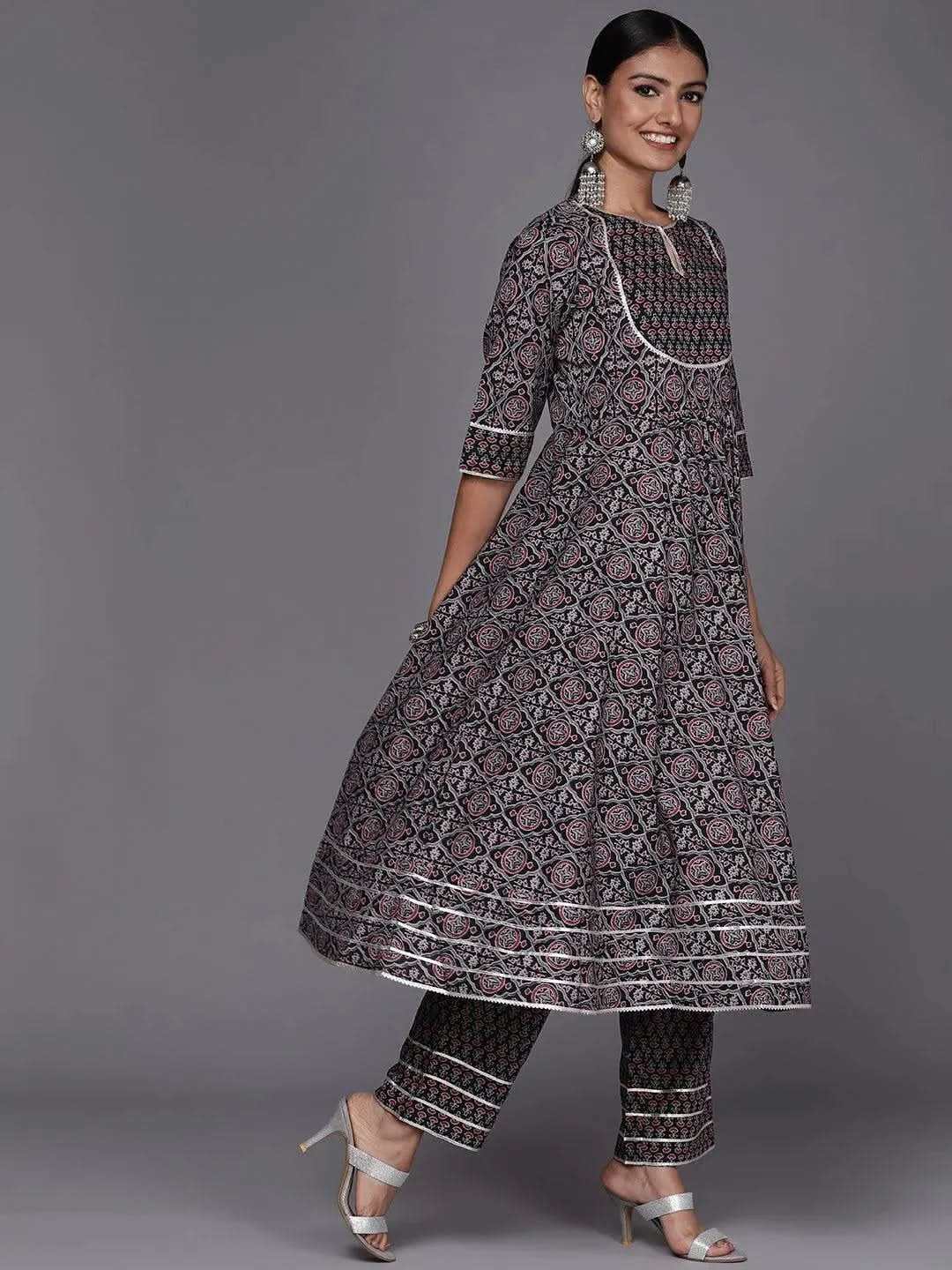 Black Yoke Design Cotton Anarkali Suit Set - Libas