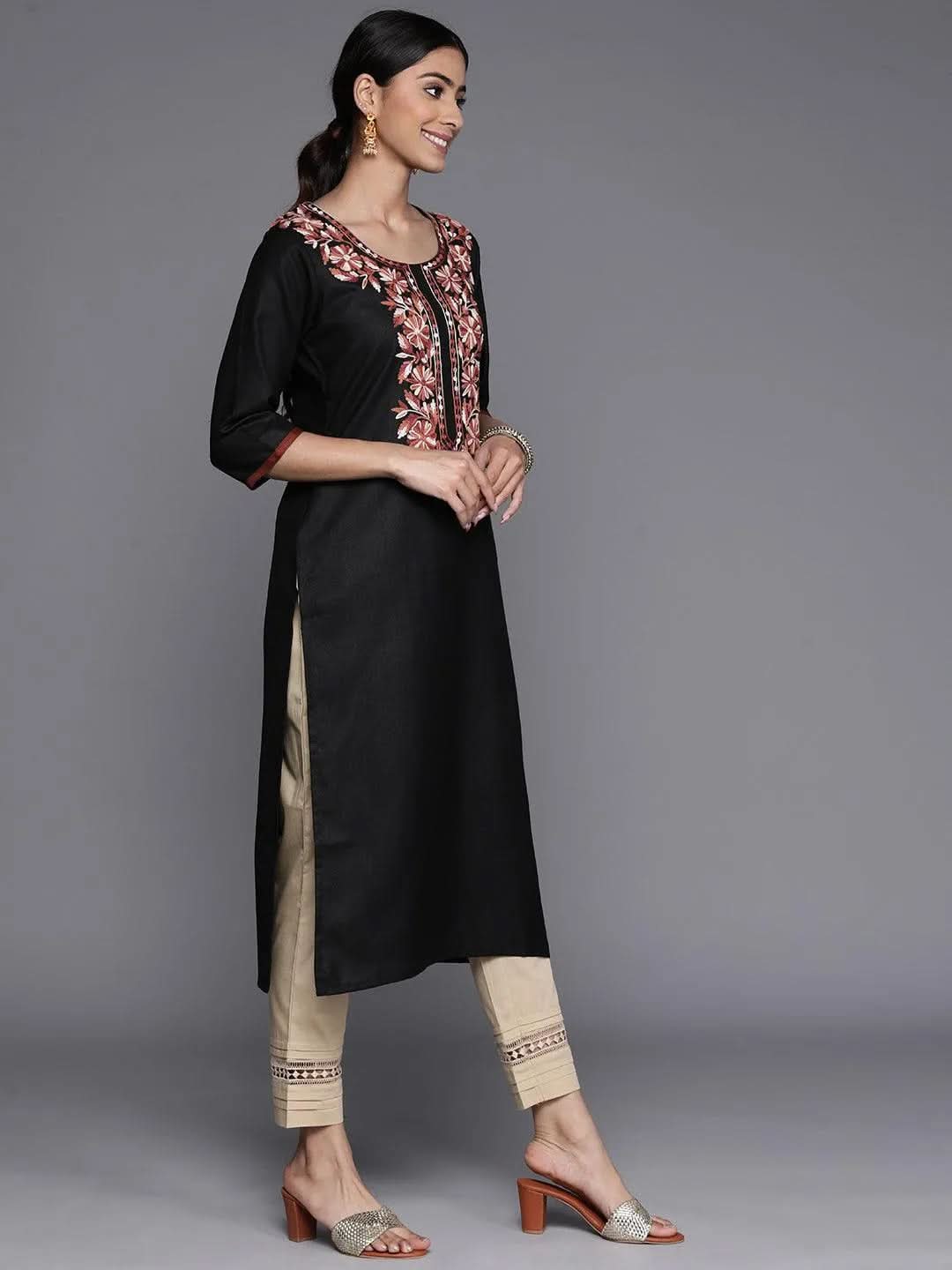 Black Yoke Design Cotton Straight Kurta - Libas