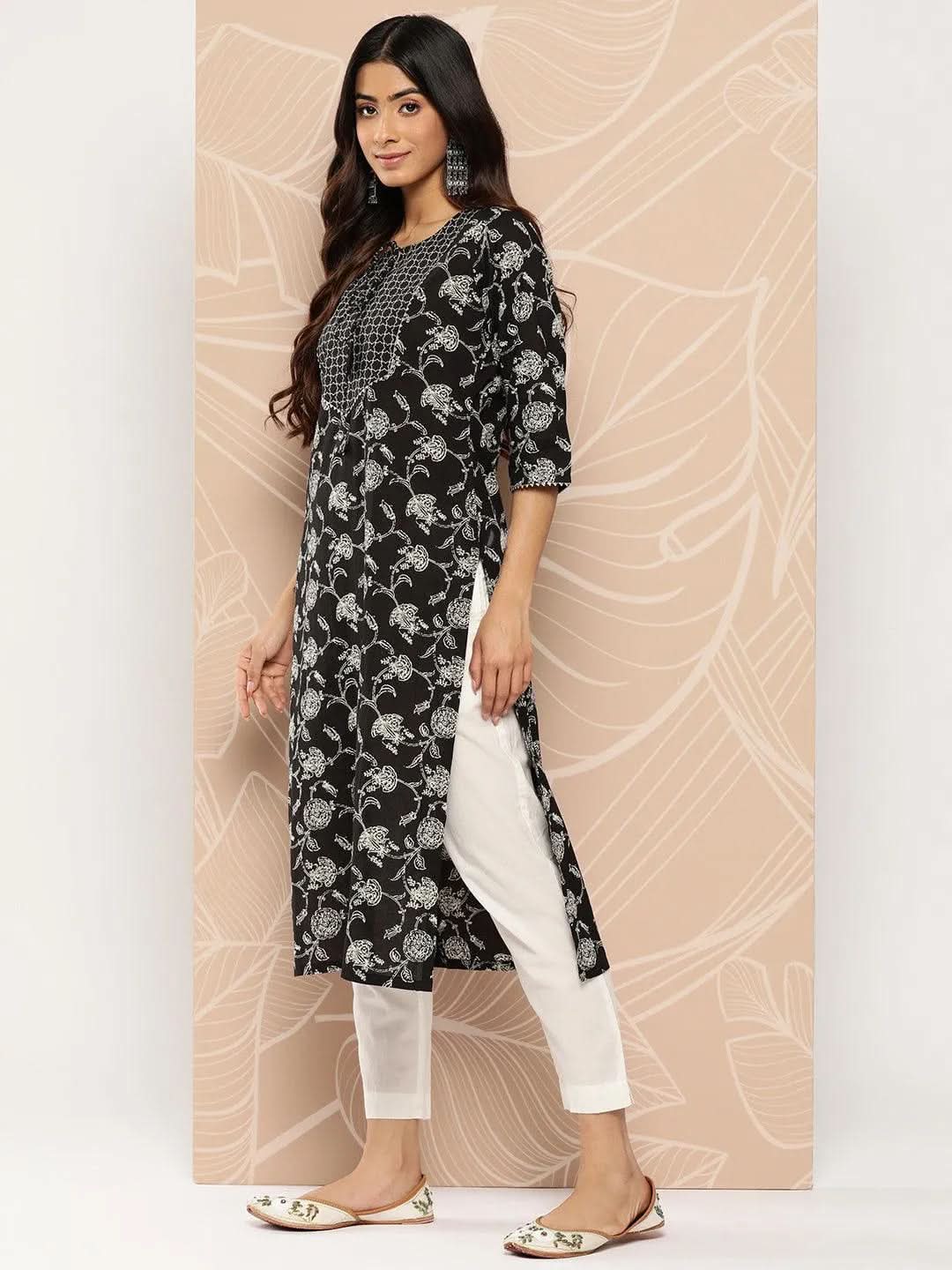 Black Yoke Design Cotton Straight Kurta - Libas