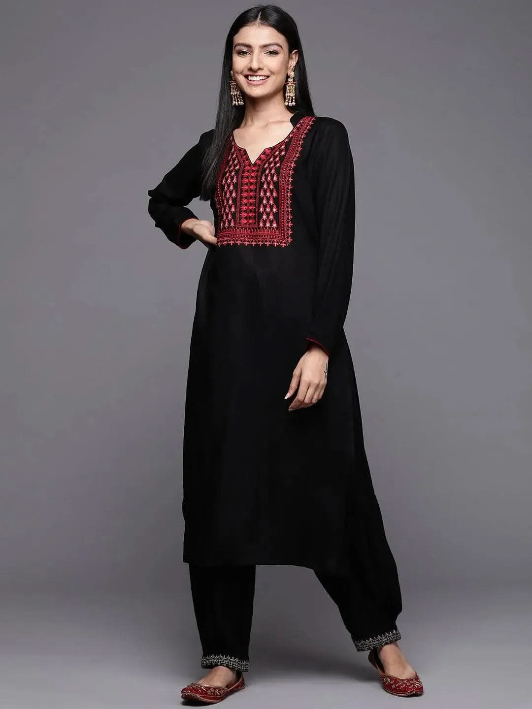 Black Yoke Design Pashmina Wool Straight Kurta - Libas