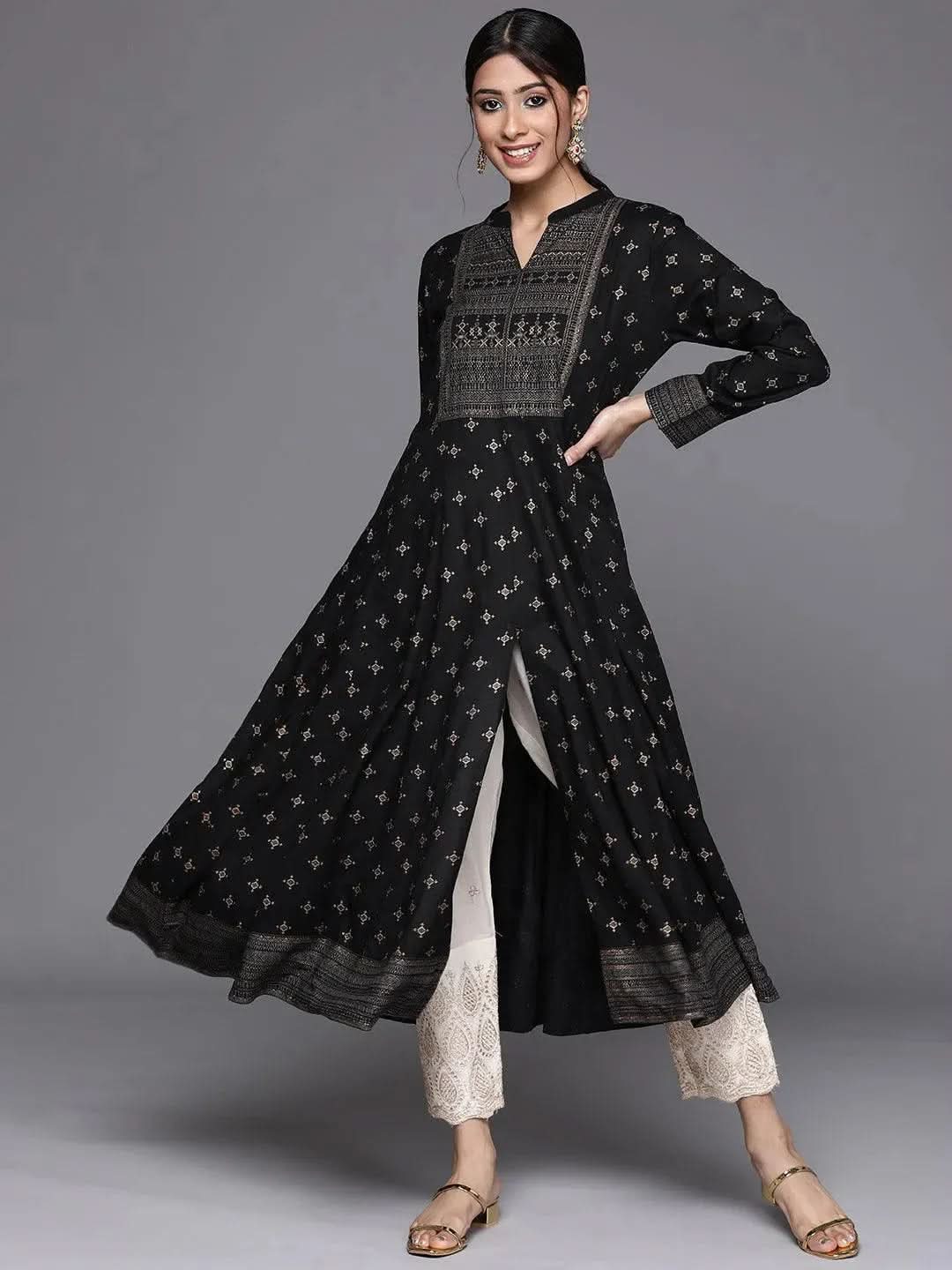 Black Yoke Design Rayon A-Line Kurta With Trousers & Dupatta