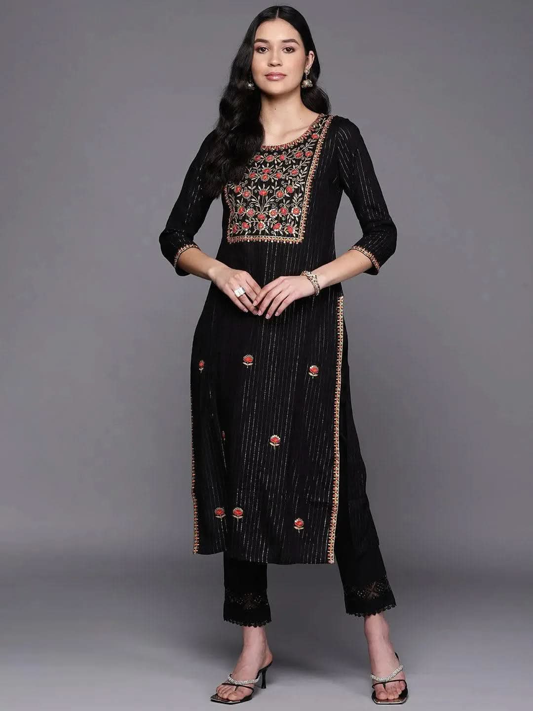 Black Yoke Design Rayon Straight Kurta - Libas
