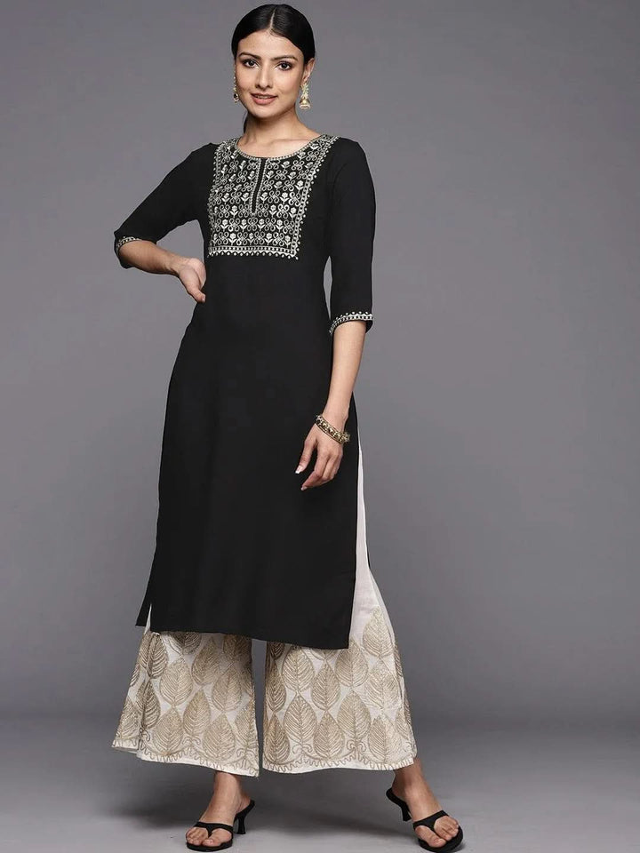 Black Printed Rayon Straight Kurta - Libas