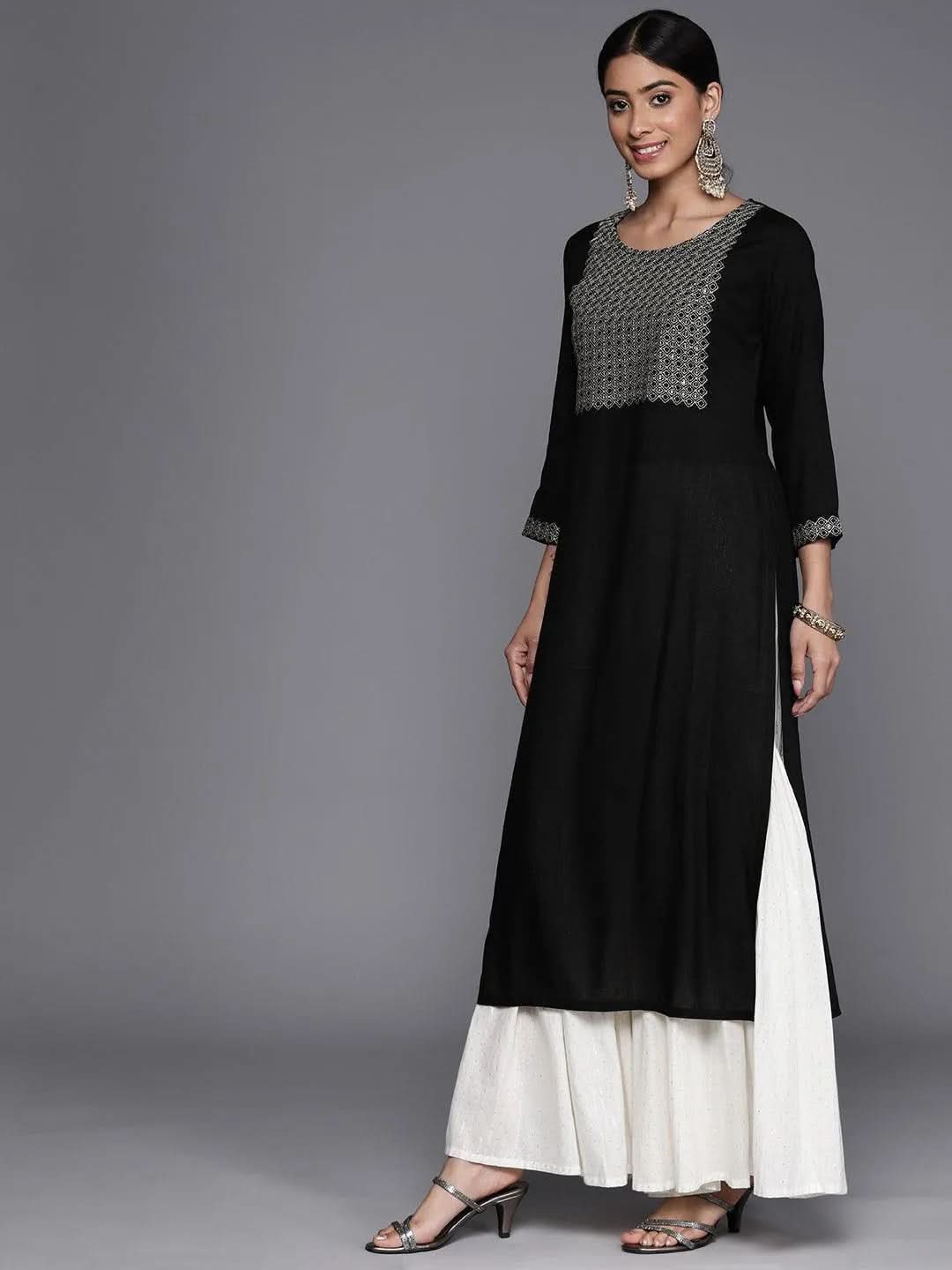 Black Yoke Design Rayon Straight Kurta - Libas