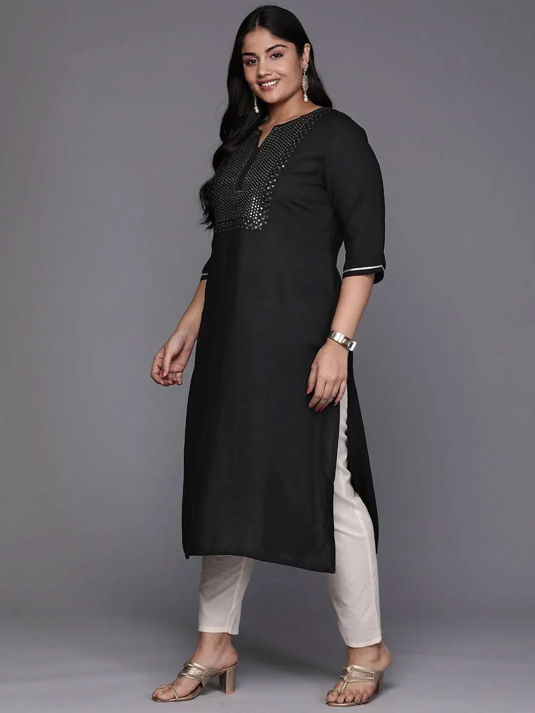 Black Yoke Design Rayon Straight Kurta - Libas