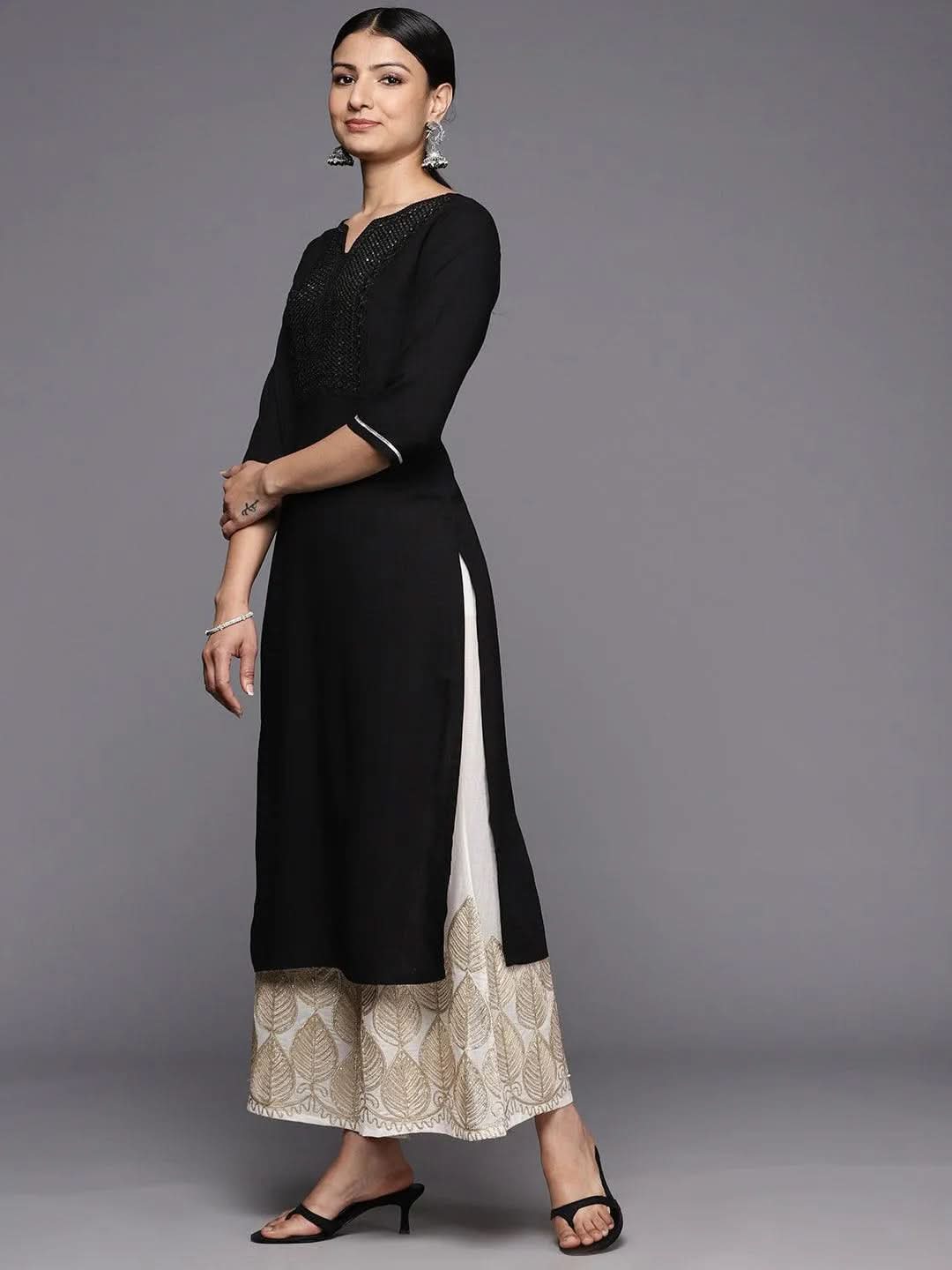 Black Yoke Design Rayon Straight Kurta - Libas