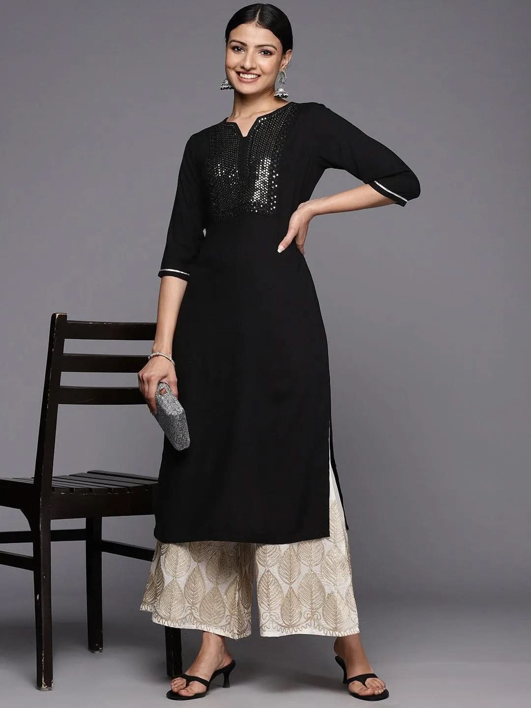 Black Yoke Design Rayon Straight Kurta - Libas