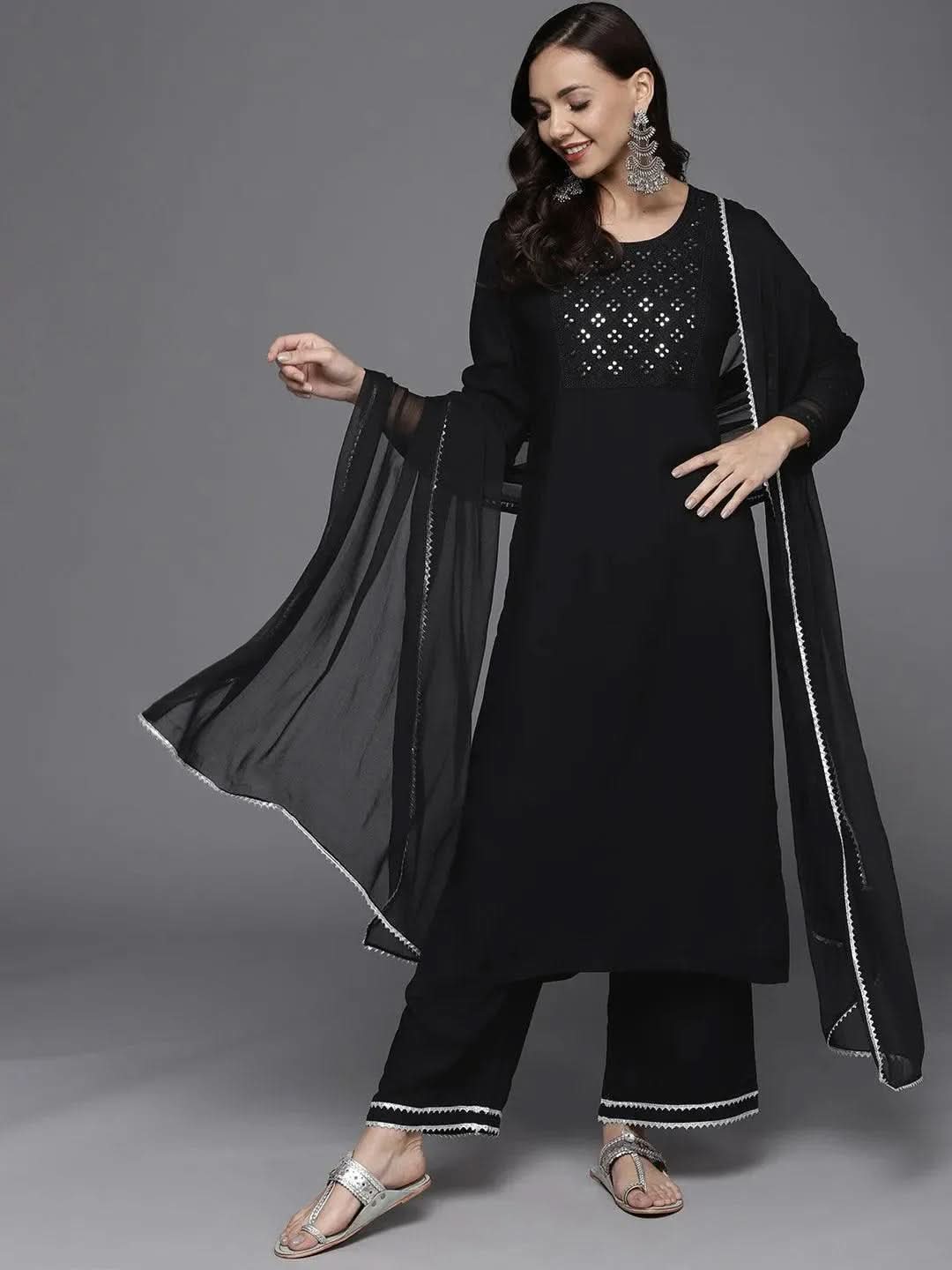 Black Yoke Design Rayon Straight Kurta With Palazzos & Dupatta 
Black Yoke Design Rayon Straight Kurta With Palazzos & Dupatta