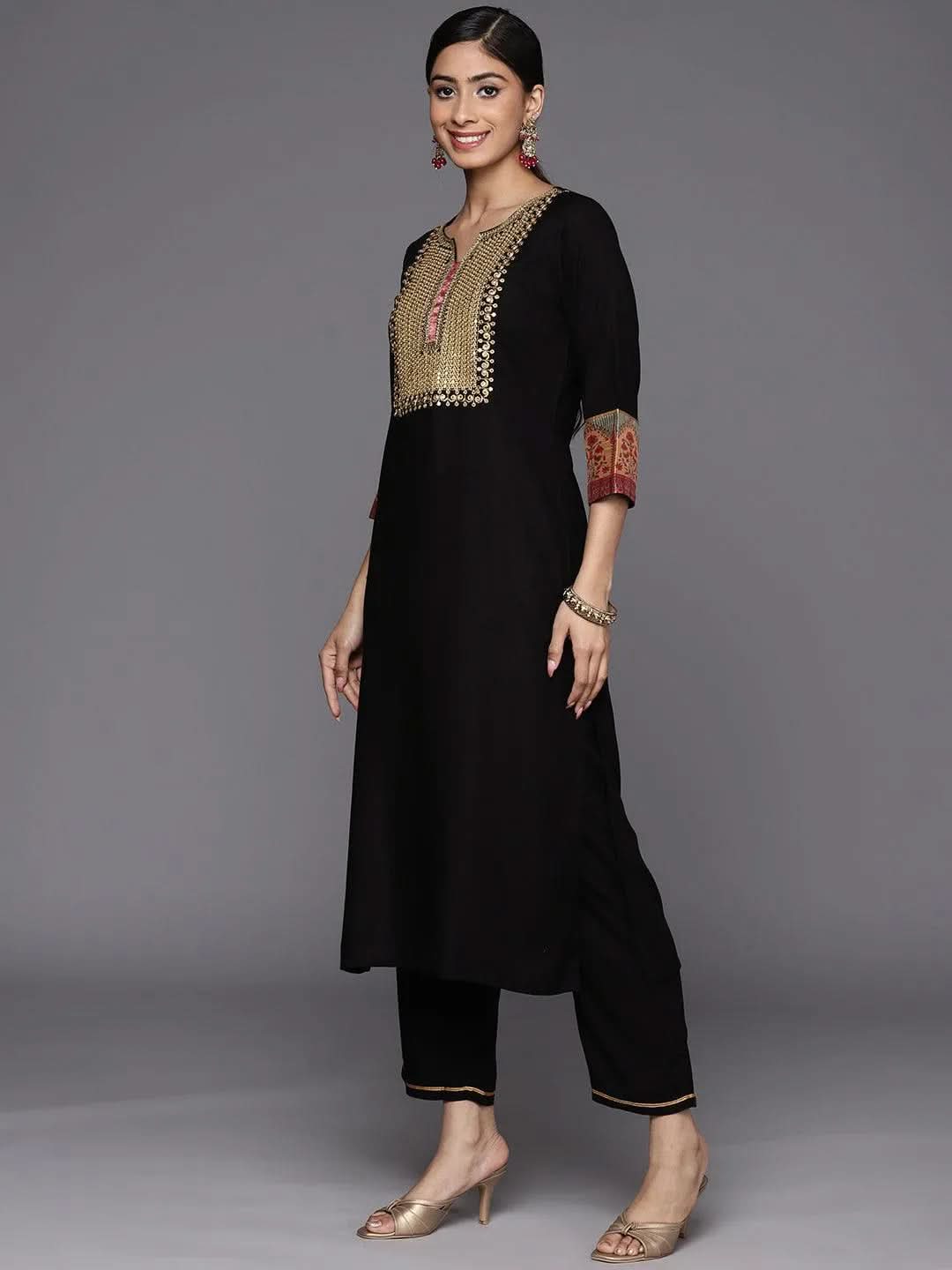 Black Yoke Design Rayon Straight Suit Set With Trousers - Libas