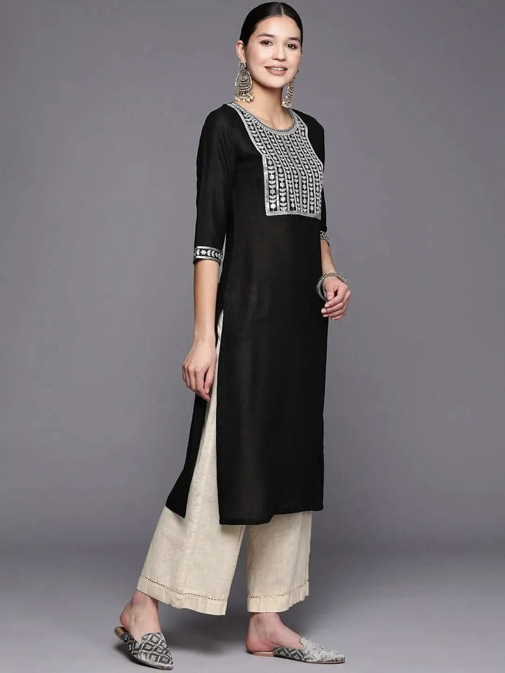 Black Yoke Design Silk Straight Kurta - Libas