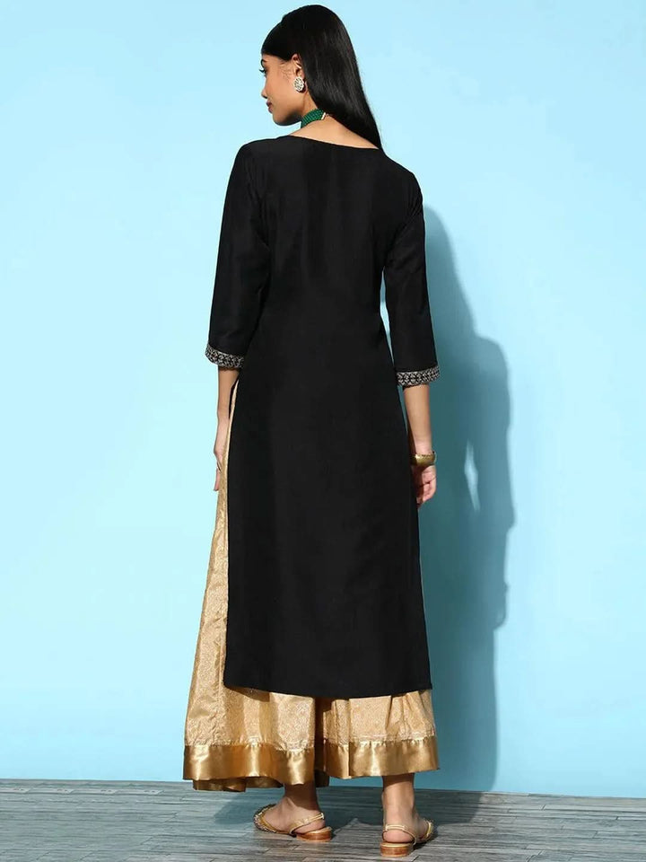 Black Yoke Design Silk Straight Kurta - Libas