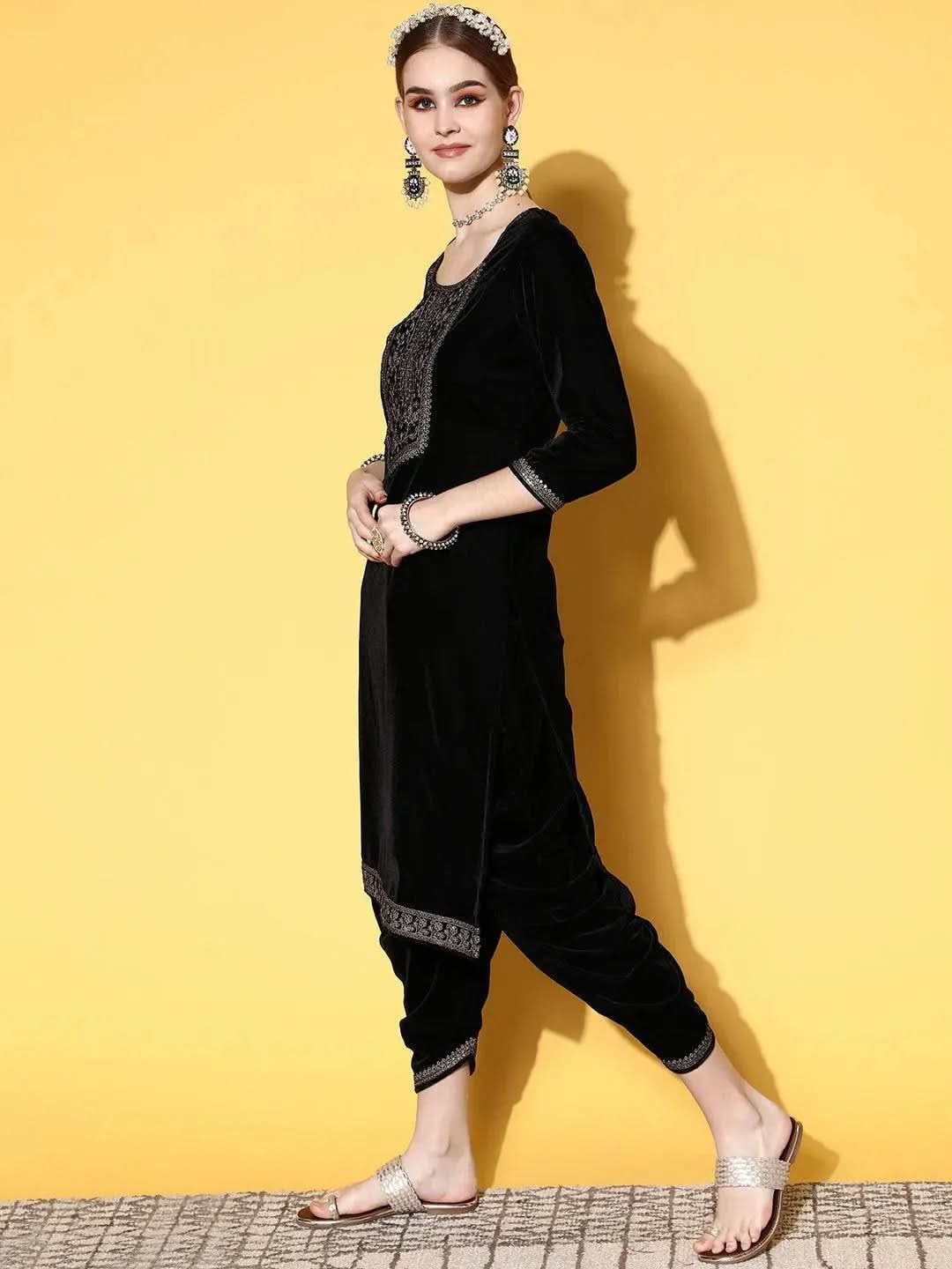Black Yoke Design Velvet Straight Suit Set - Libas
