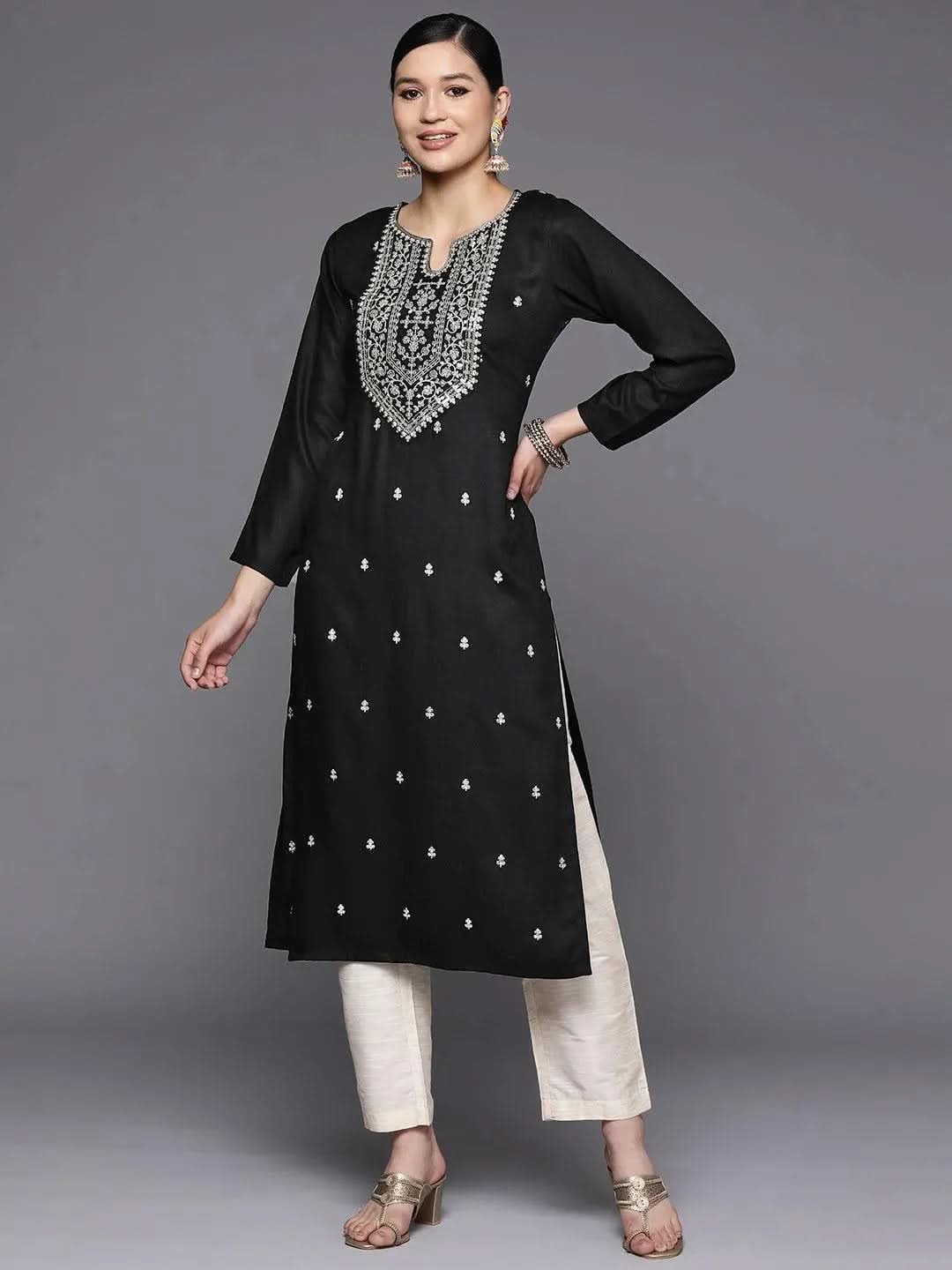 Black Yoke Design Wool Straight Kurta - Libas