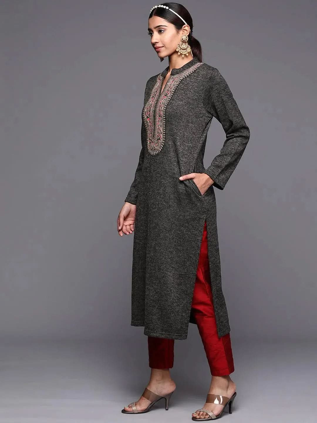 Black Yoke Design Wool Straight Kurta - Libas