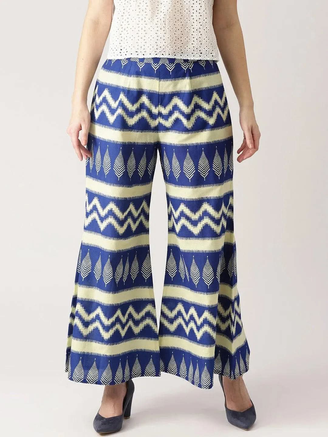 Blue Abstract Cotton Palazzos - Libas