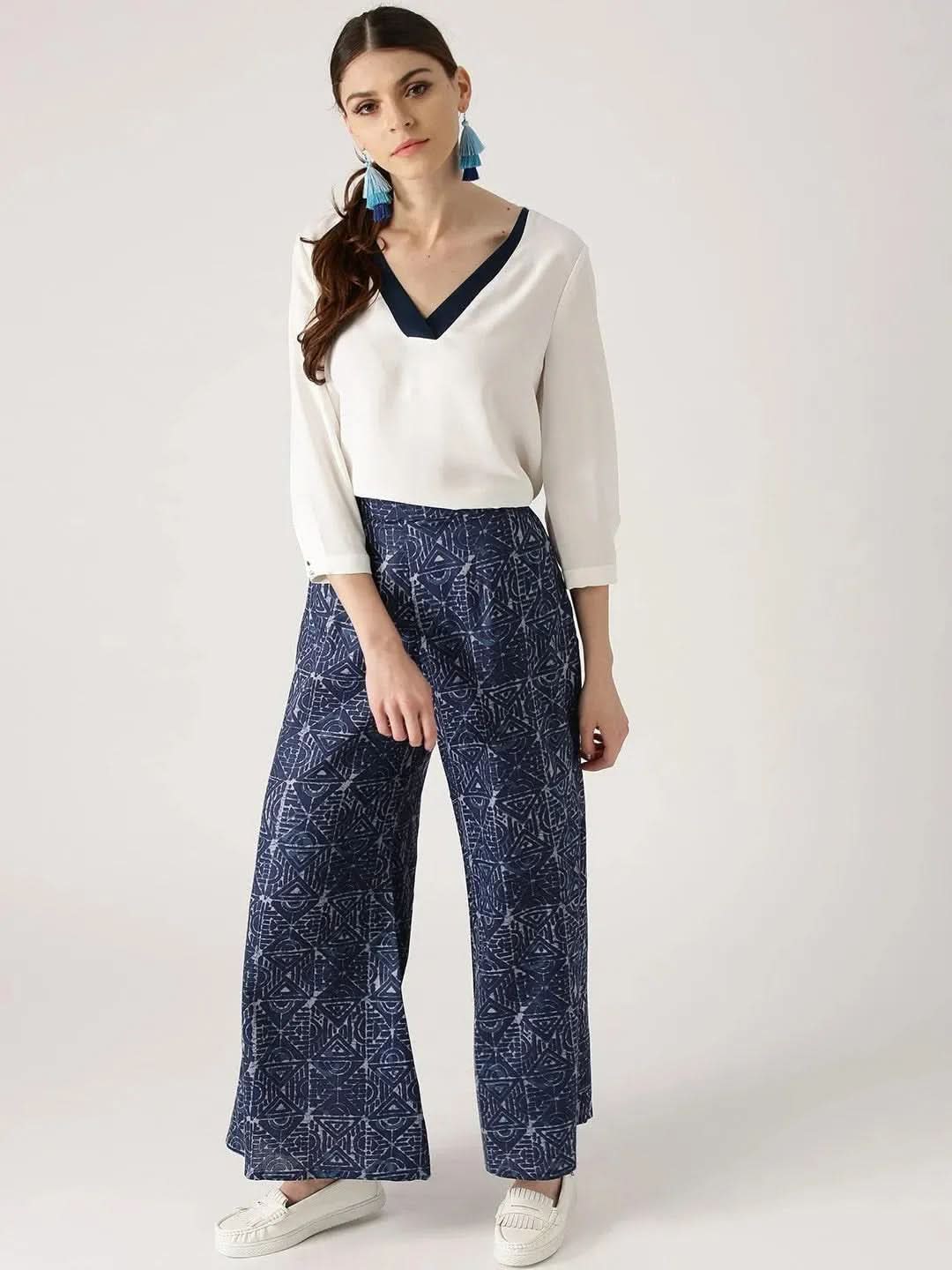 Blue Abstract Cotton Palazzos - Libas