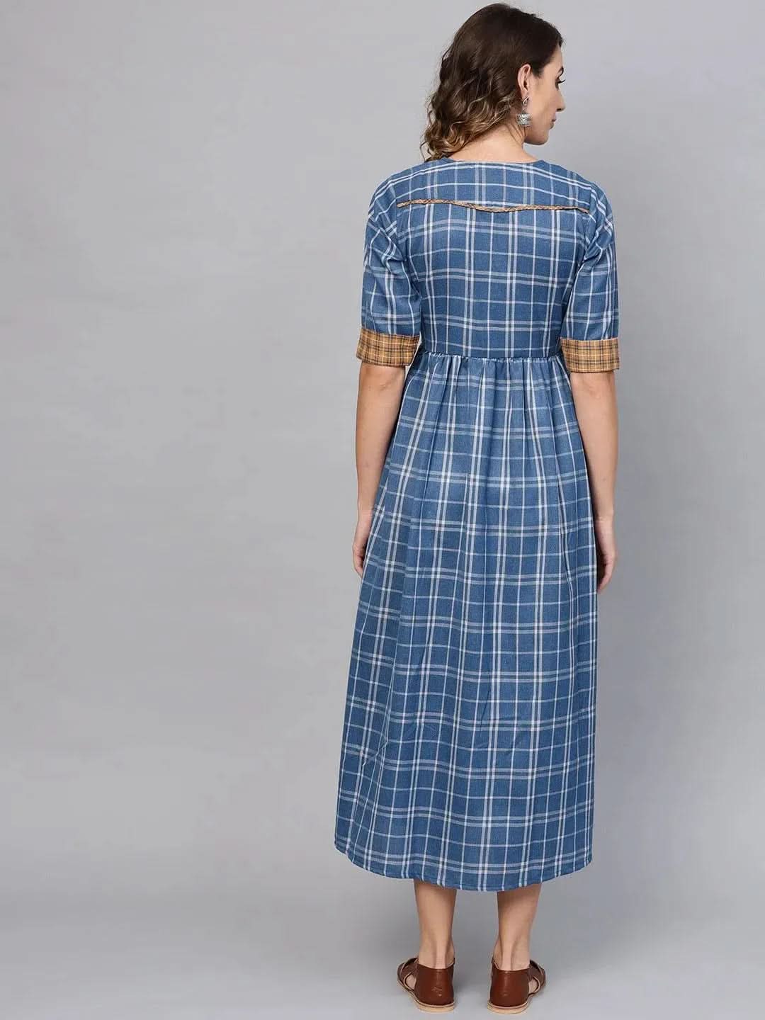 Blue Checkered Cotton Dress - Libas