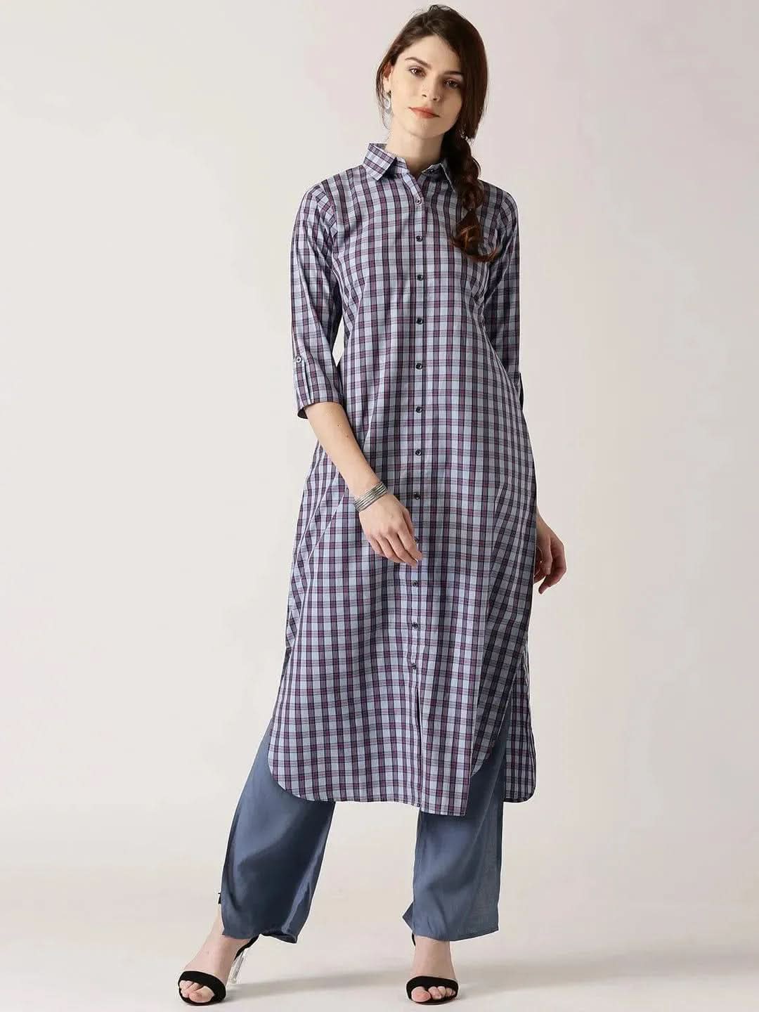 Blue Checkered Cotton Kurta - Libas