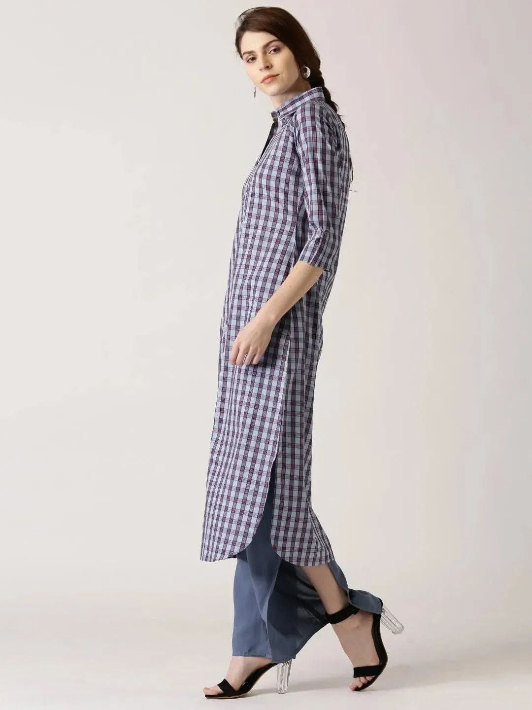 Blue Checkered Cotton Kurta - Libas