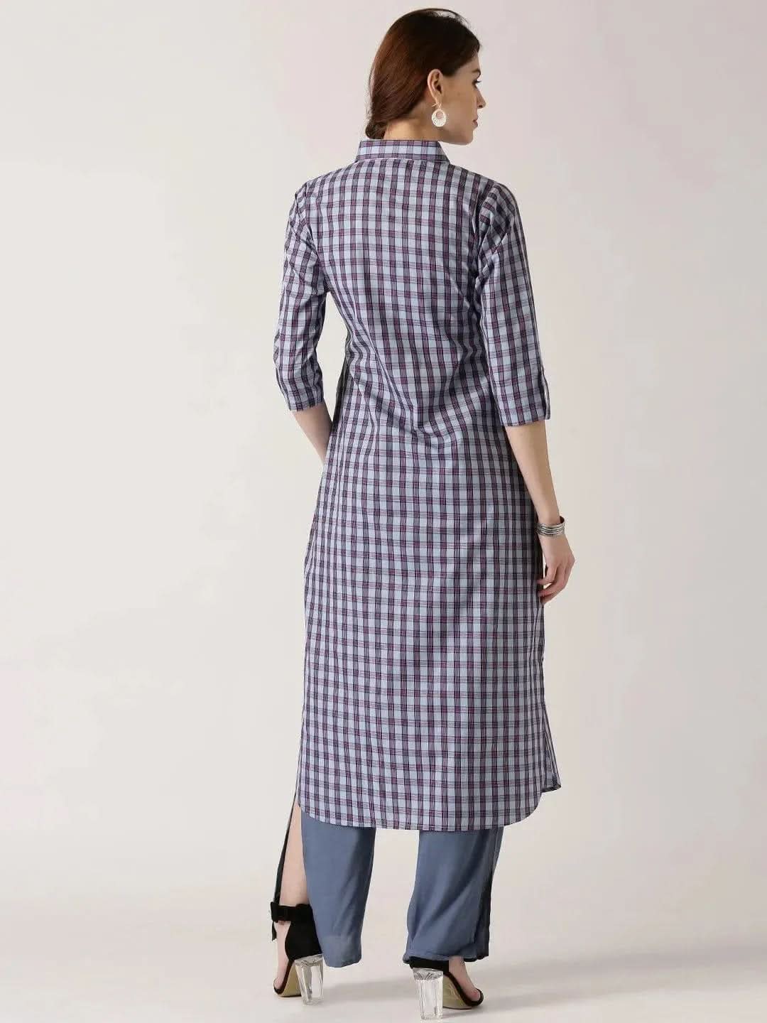 Blue Checkered Cotton Kurta - Libas