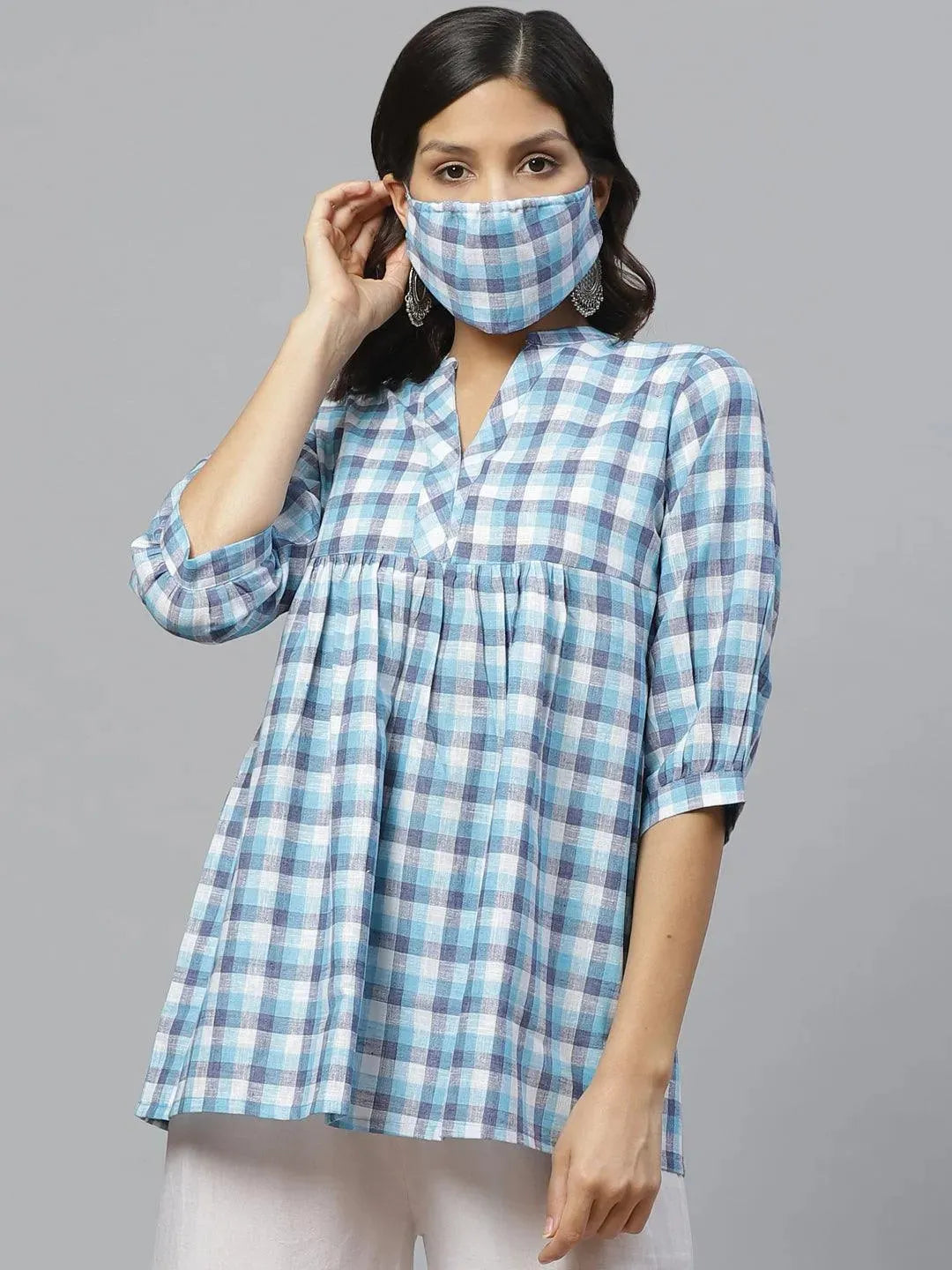 Buy Blue Checkered A-line Kurti With Mask Online | Libas
Buy Blue Checkered A-line Kurti With Mask Online | Libas