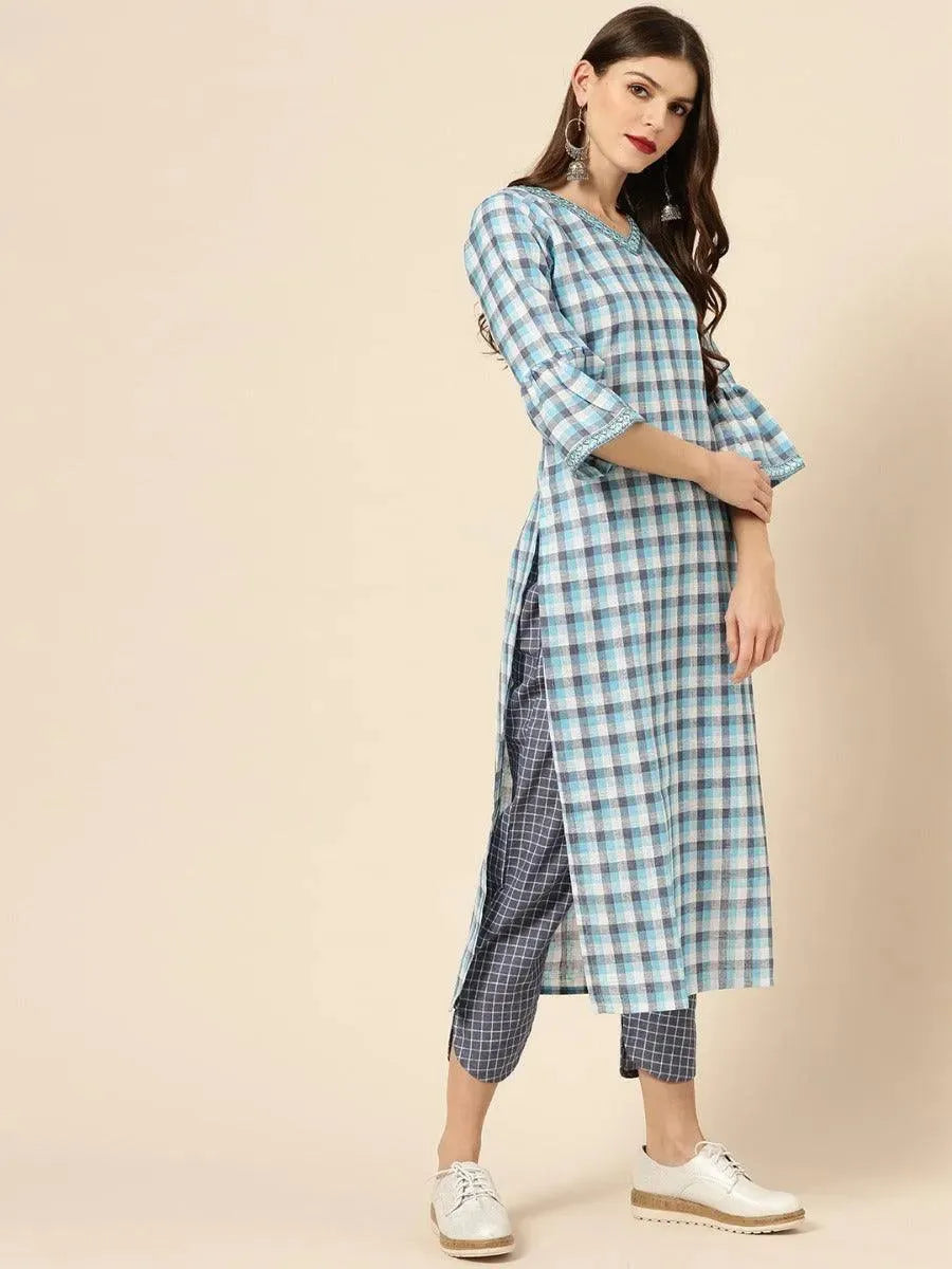 Blue Checkered Cotton Straight Kurta With Trousers
Blue Checkered Cotton Straight Kurta With Trousers