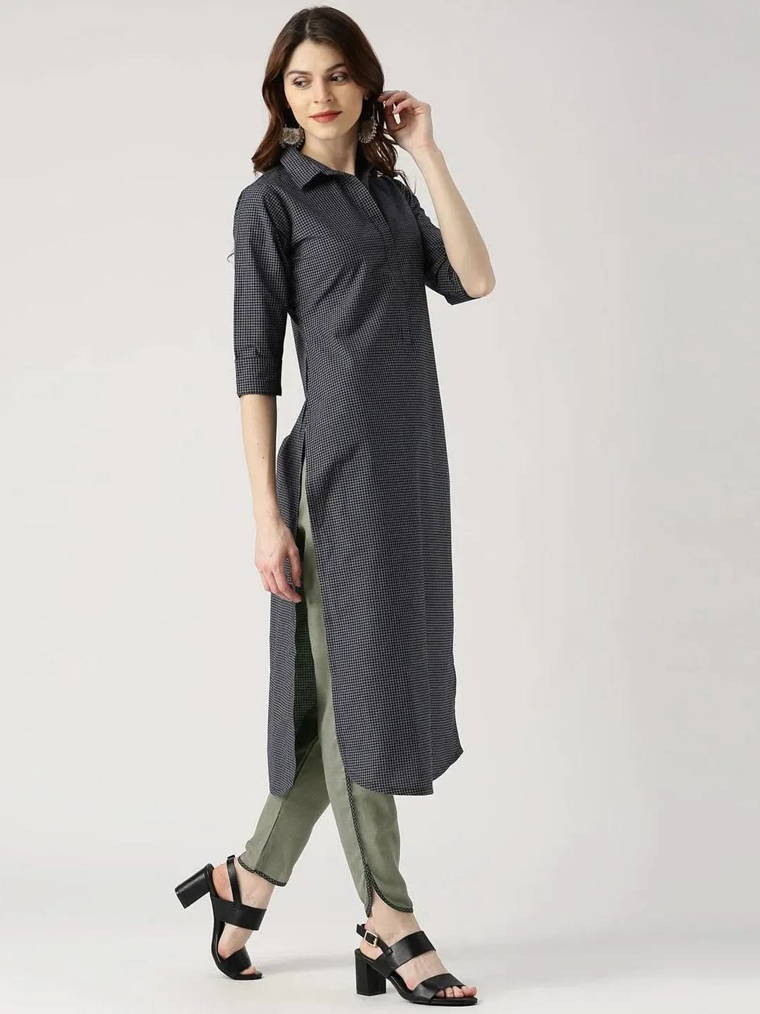 Blue Checkered Cotton Kurta Set - Libas