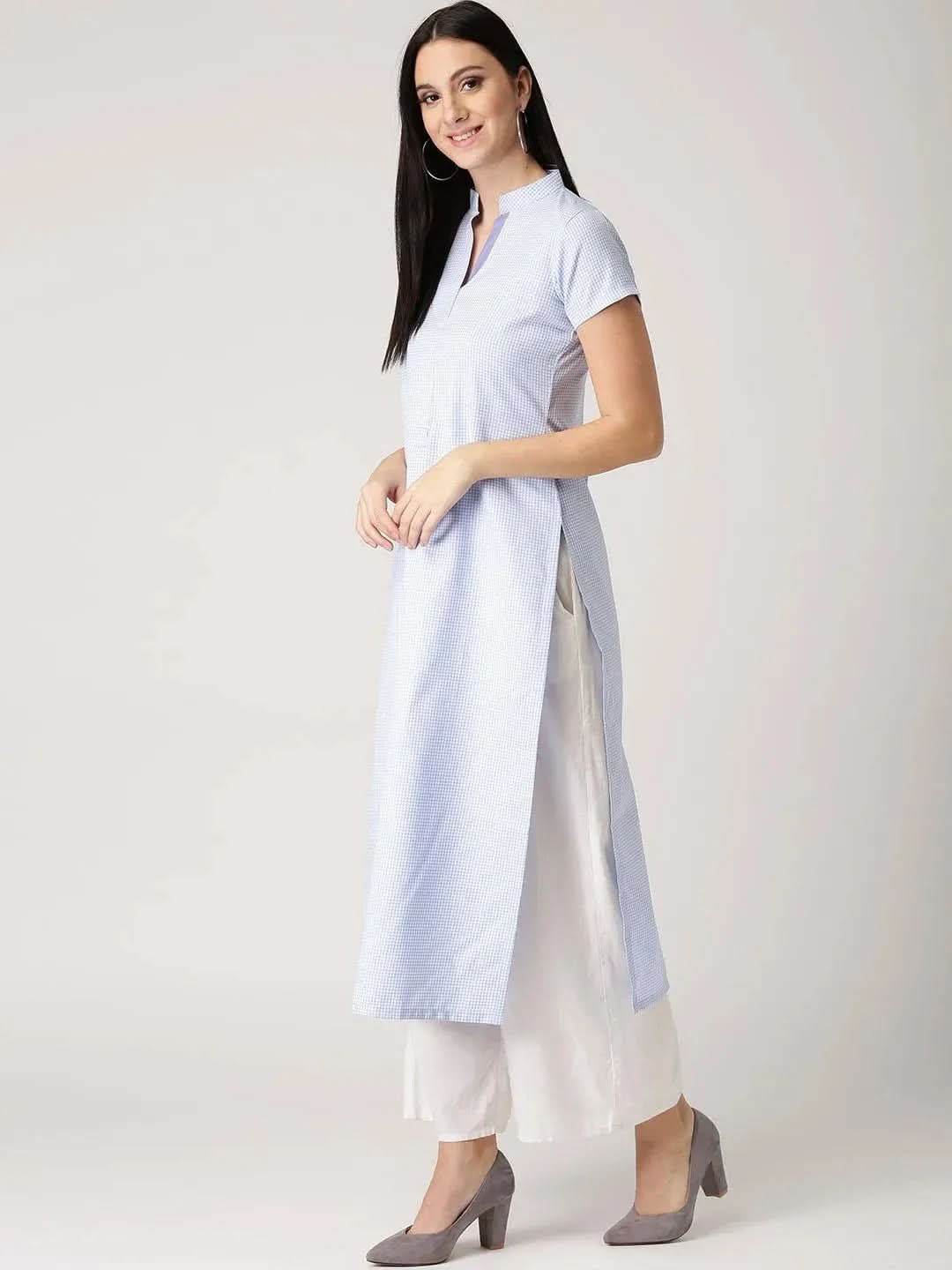 Blue Checkered Polyester Kurta - Libas