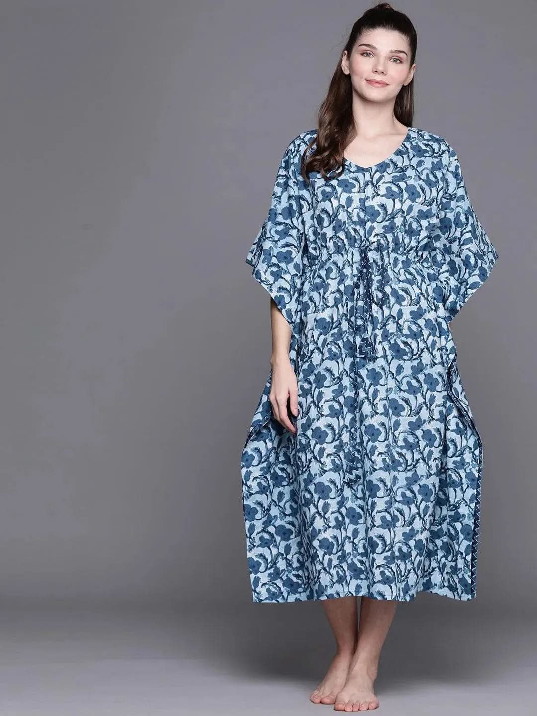Blue Cotton Printed Kaftan Nightdress - Libas