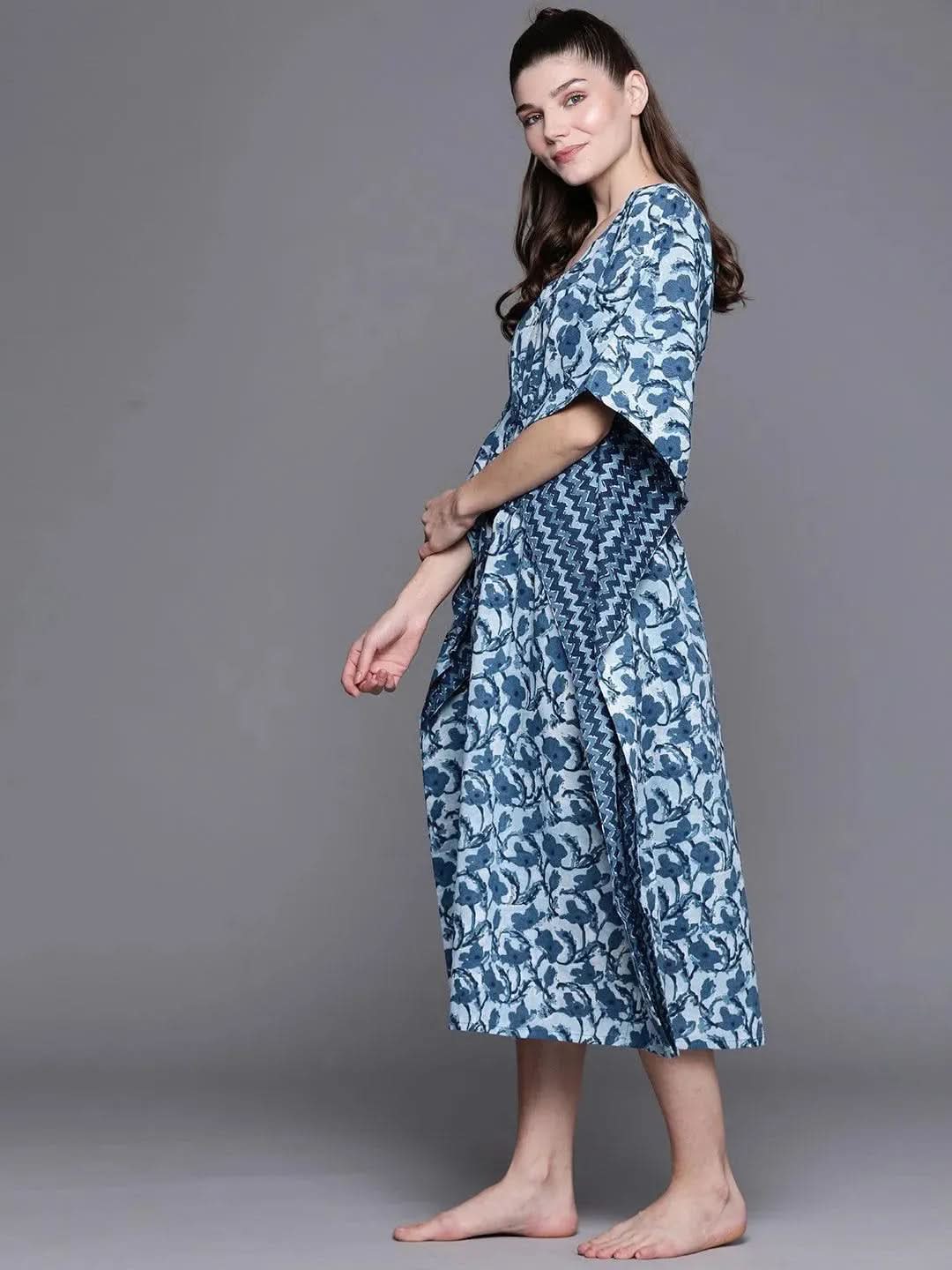 Blue Cotton Printed Kaftan Nightdress - Libas