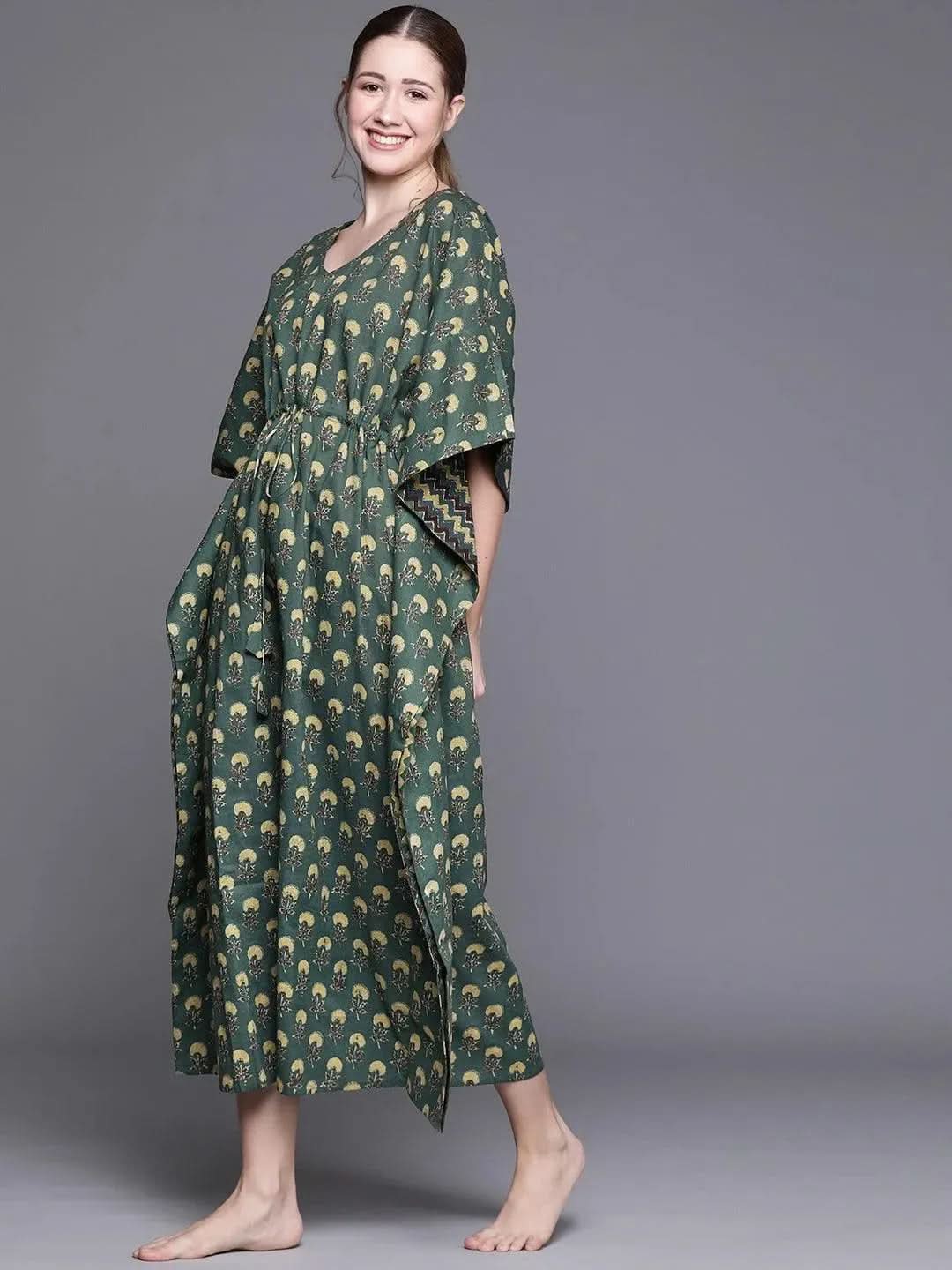 Blue Cotton Printed Kaftan Nightdress - Libas