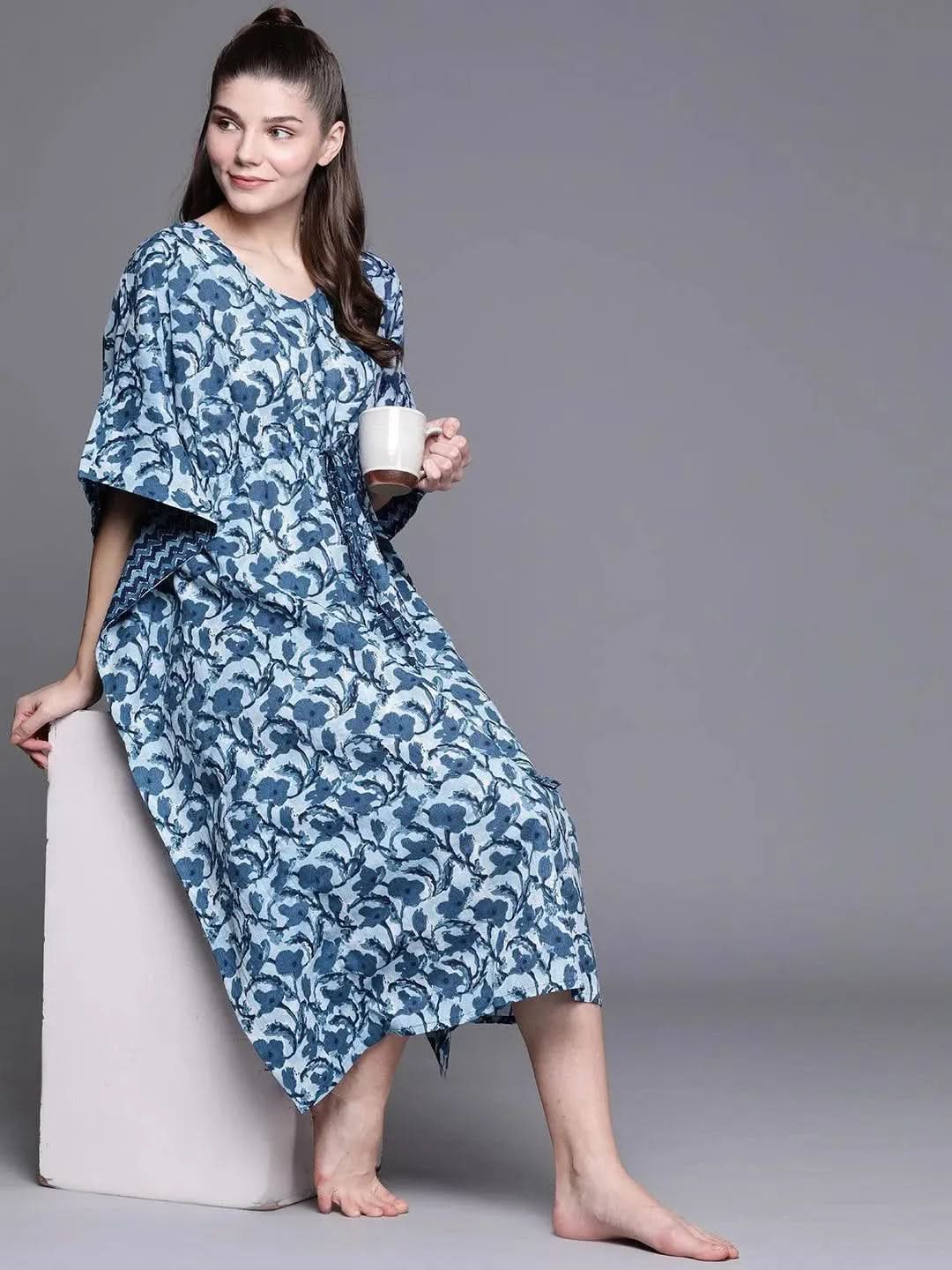 Blue Cotton Printed Kaftan Nightdress - Libas
