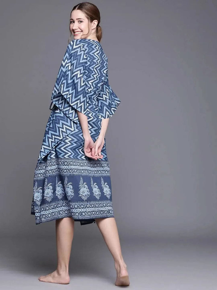 Blue Cotton Printed Kaftan Nightdress - Libas
