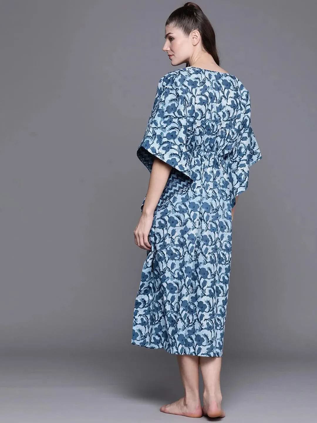 Blue Cotton Printed Kaftan Nightdress - Libas