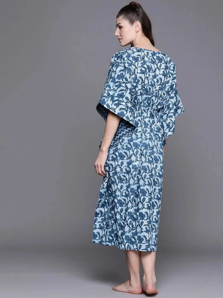 Blue Cotton Printed Kaftan Nightdress - Libas