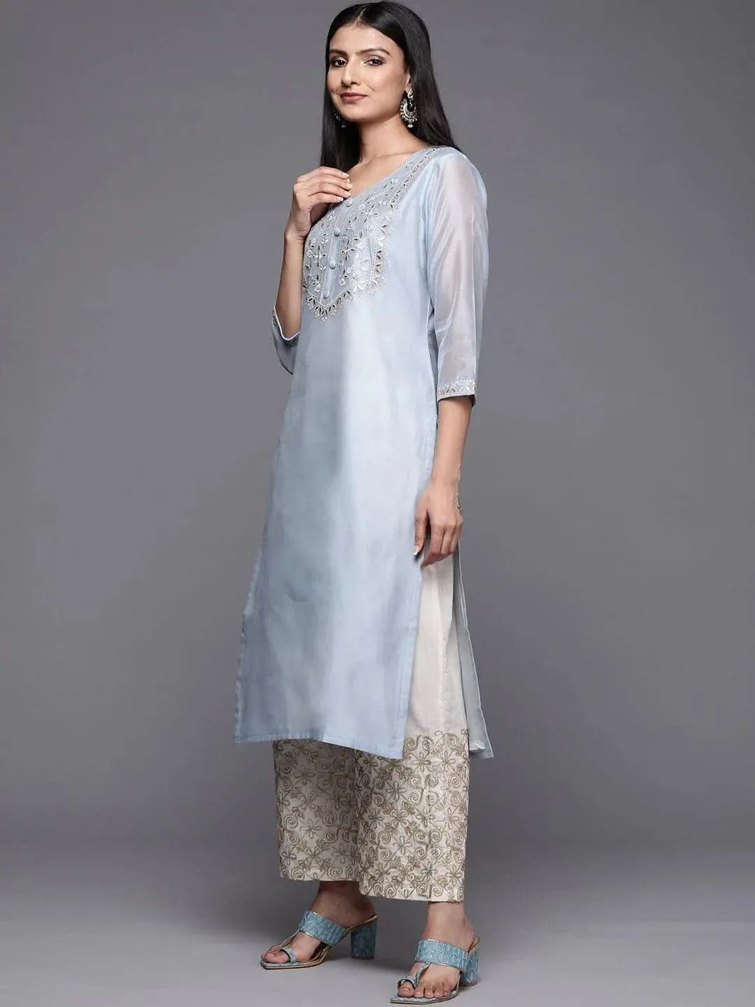 Blue Embroidered Chanderi Silk Straight Kurta - Libas