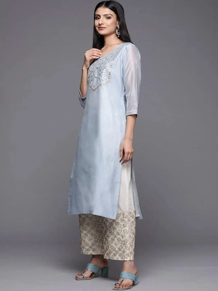Blue Embroidered Chanderi Silk Straight Kurta - Libas