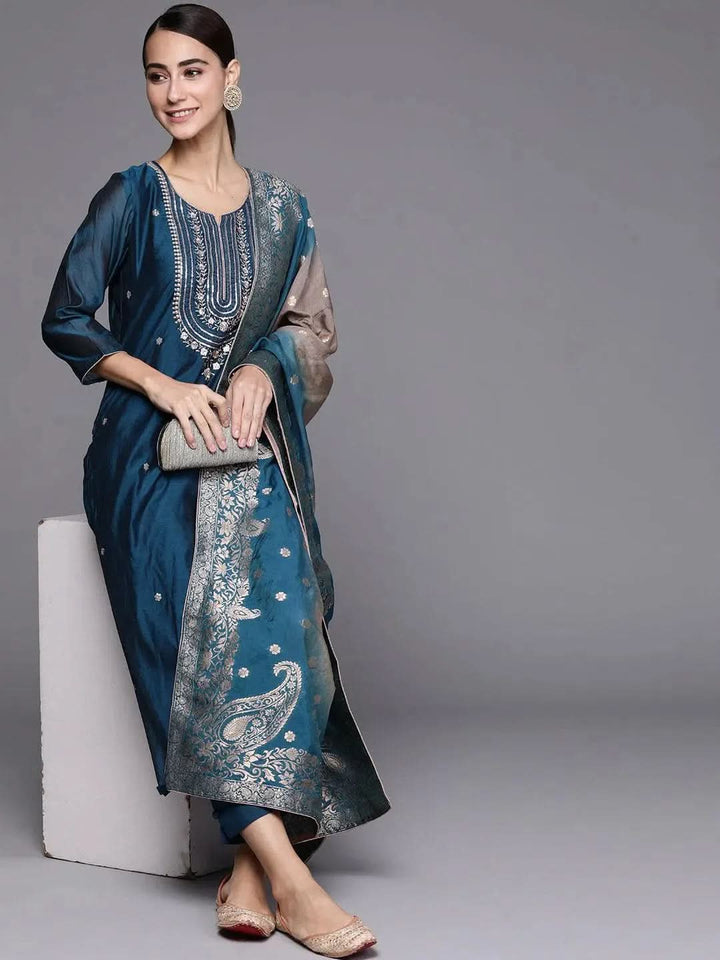 Blue Embroidered Chanderi Silk Suit Set - Libas