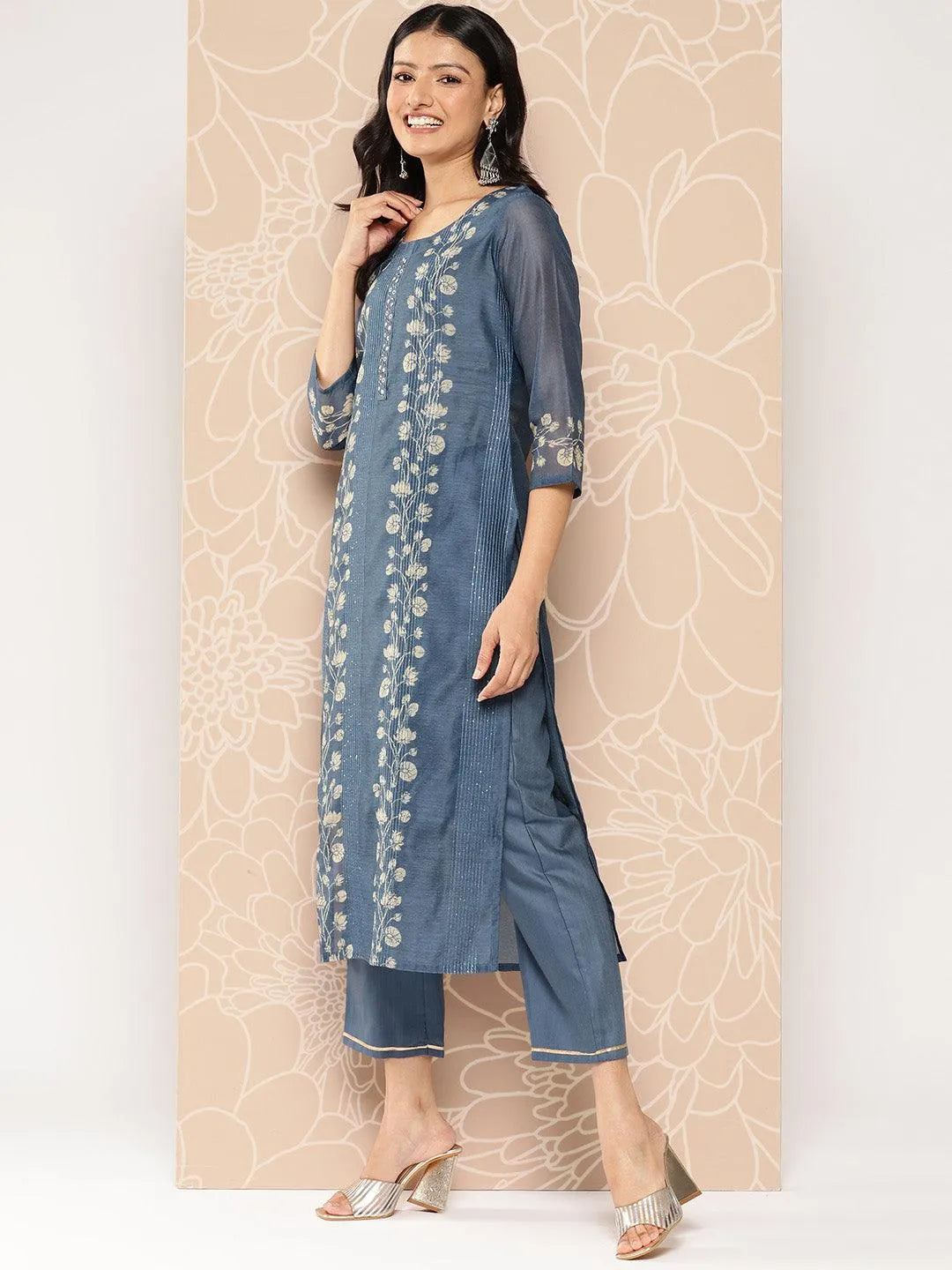 Blue Embroidered Chanderi Silk Straight Kurta With Trousers - Libas
