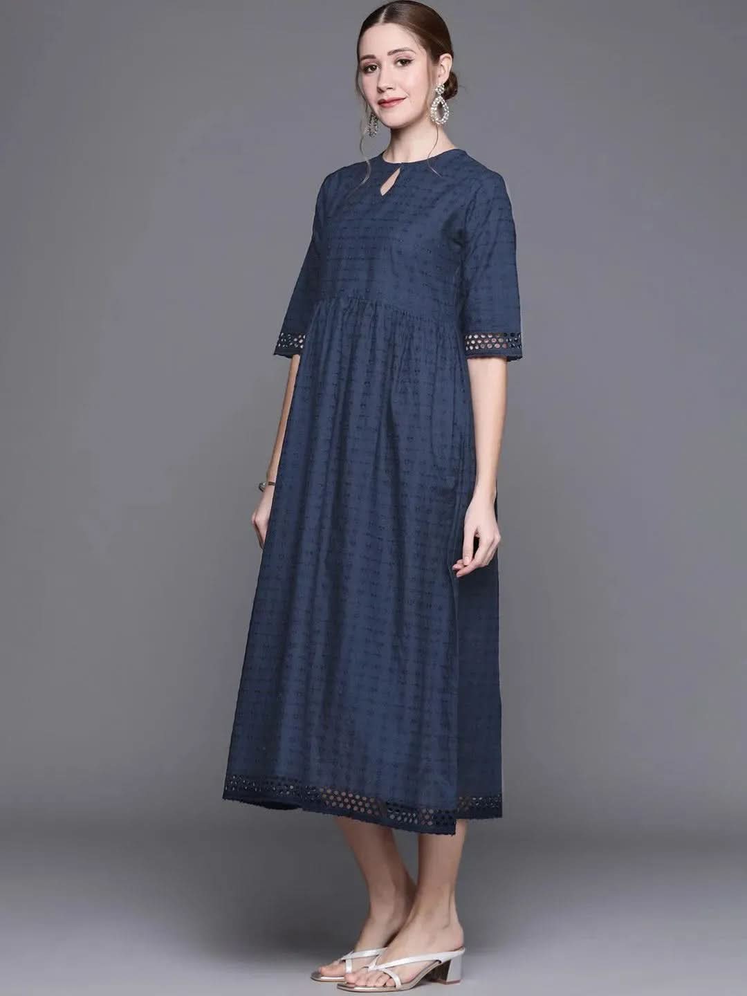 Blue Embroidered Cotton Dress - Libas