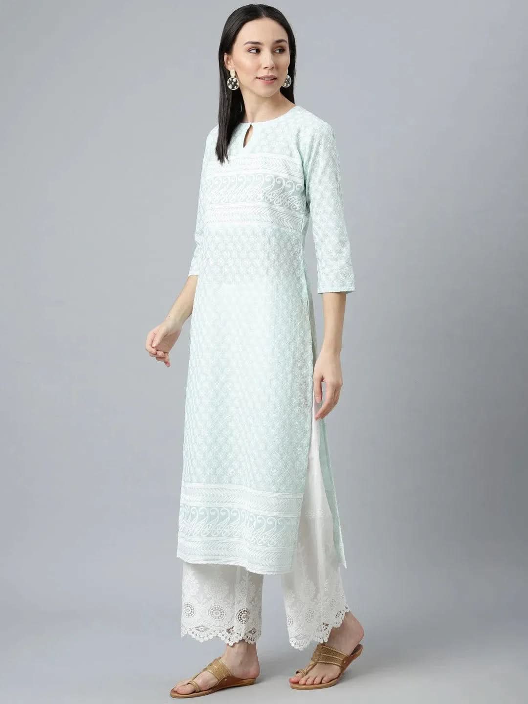 Blue Embroidered Cotton Kurta - Libas