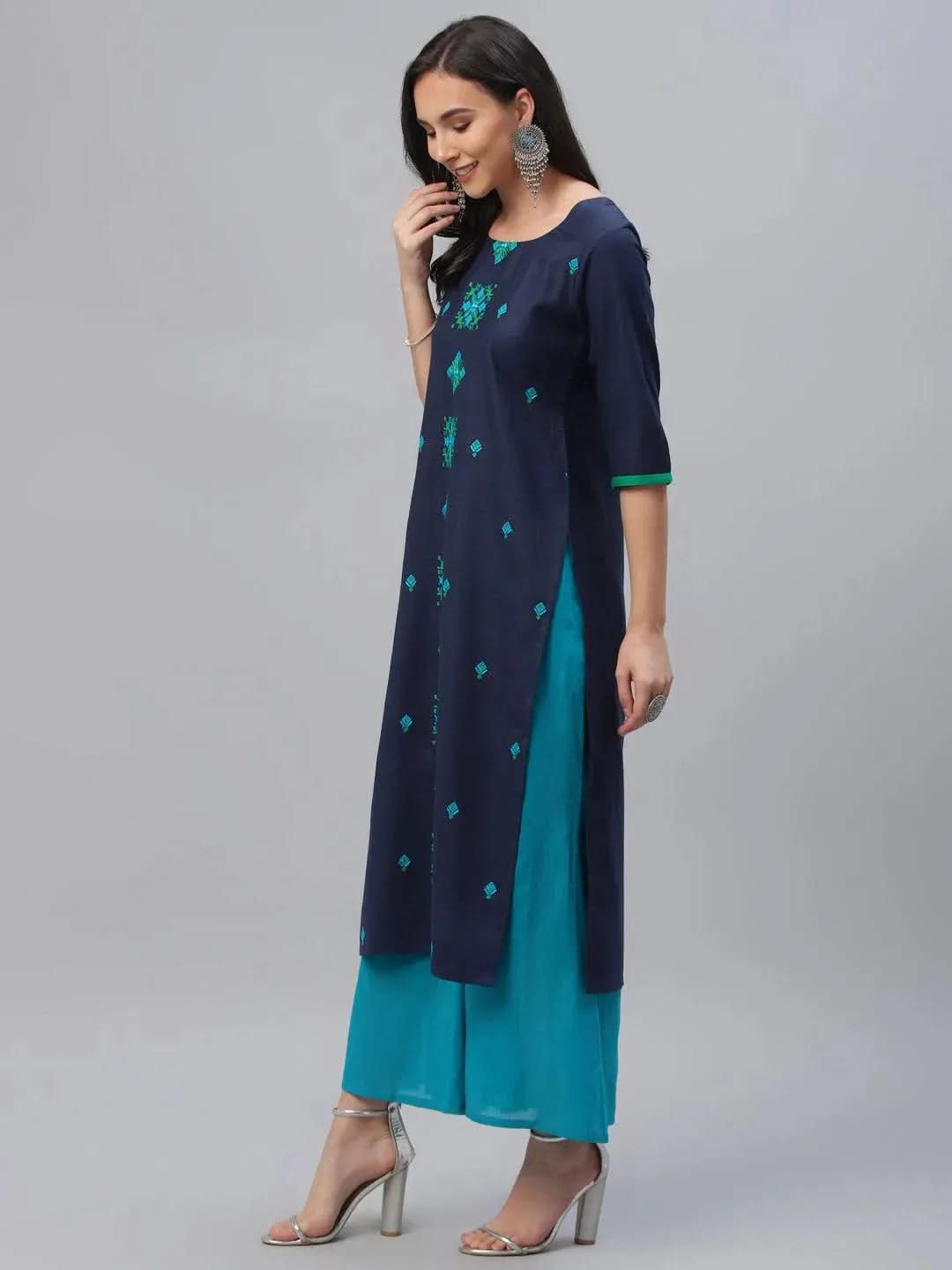 Blue Embroidered Cotton Kurta - Libas