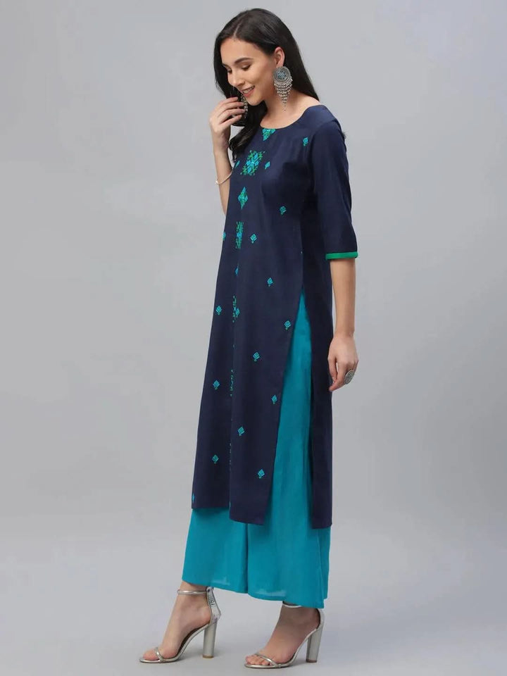 Blue Embroidered Cotton Kurta - Libas