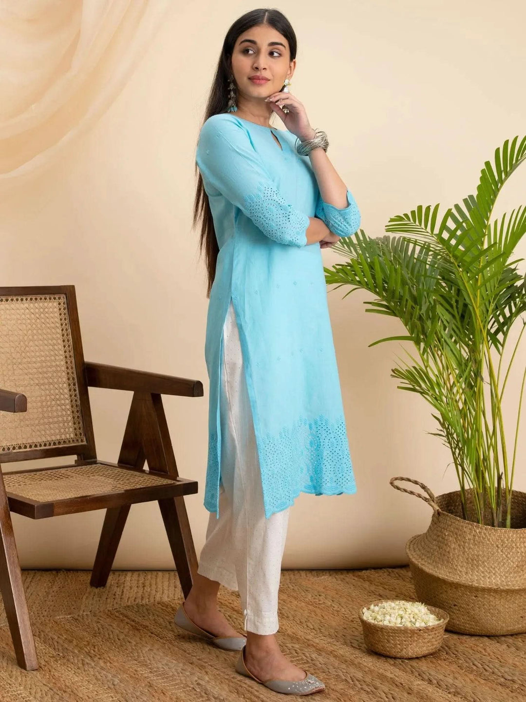 Blue Embroidered Cotton Kurta - Libas