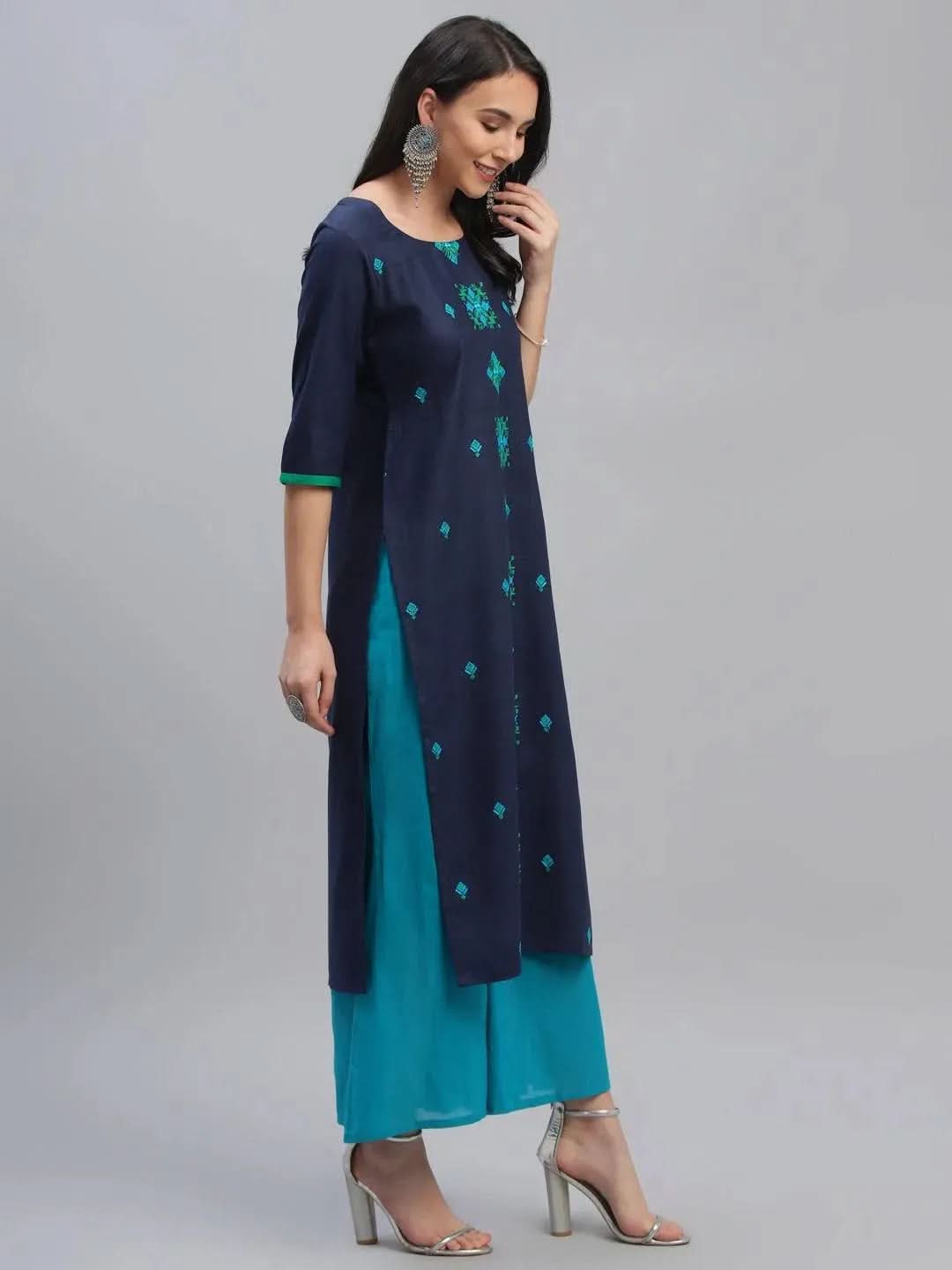 Blue Embroidered Cotton Kurta - Libas