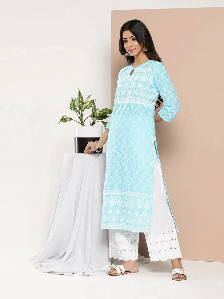 Blue Embroidered Cotton Straight Kurta - Libas