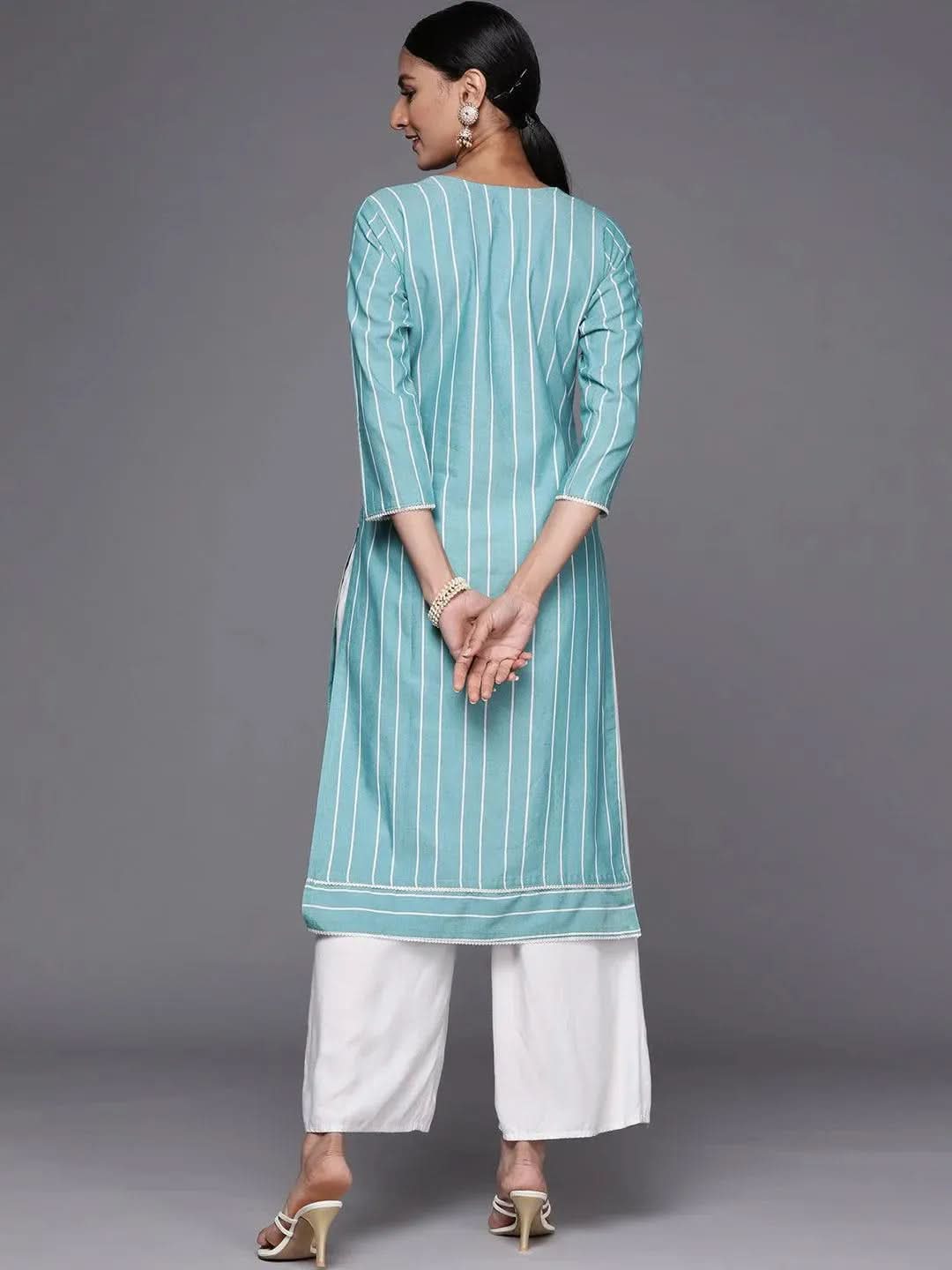 Blue Embroidered Cotton Straight Kurta - Libas
