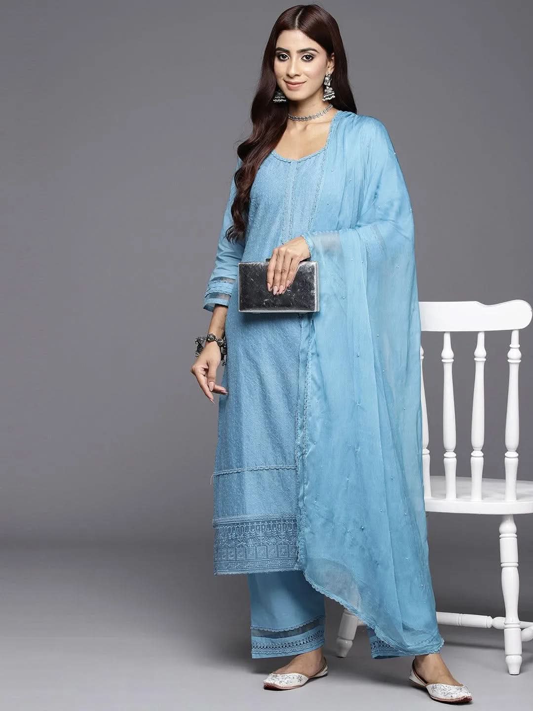 Blue Embroidered Cotton Straight Kurta With Trousers & Dupatta 
Blue Embroidered Cotton Straight Kurta With Trousers & Dupatta