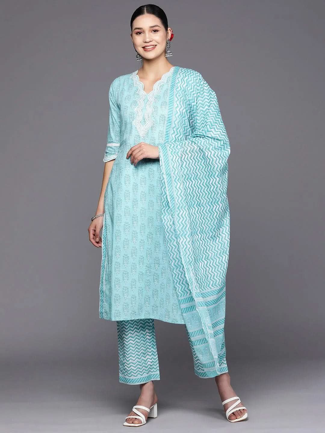 Blue Embroidered Cotton Straight Kurta With Trousers & Dupatta
Blue Embroidered Cotton Straight Kurta With Trousers & Dupatta